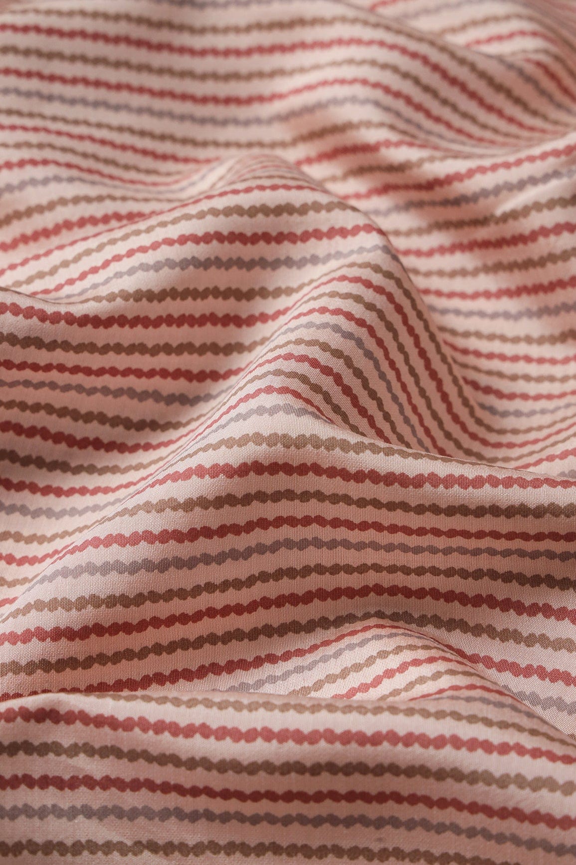 Peach And Brown Stripes Print On Viscose Chanderi Silk Fabric - doeraa