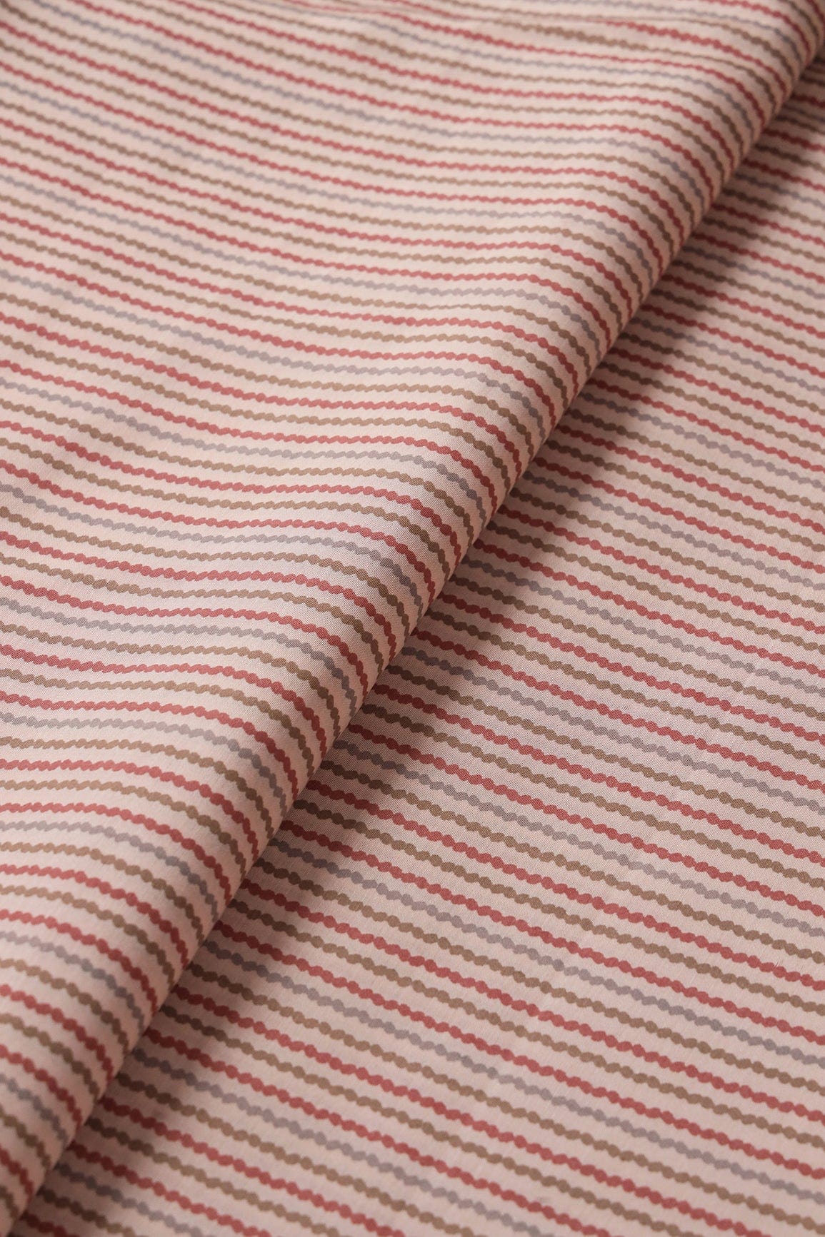 Peach And Brown Stripes Print On Viscose Chanderi Silk Fabric - doeraa