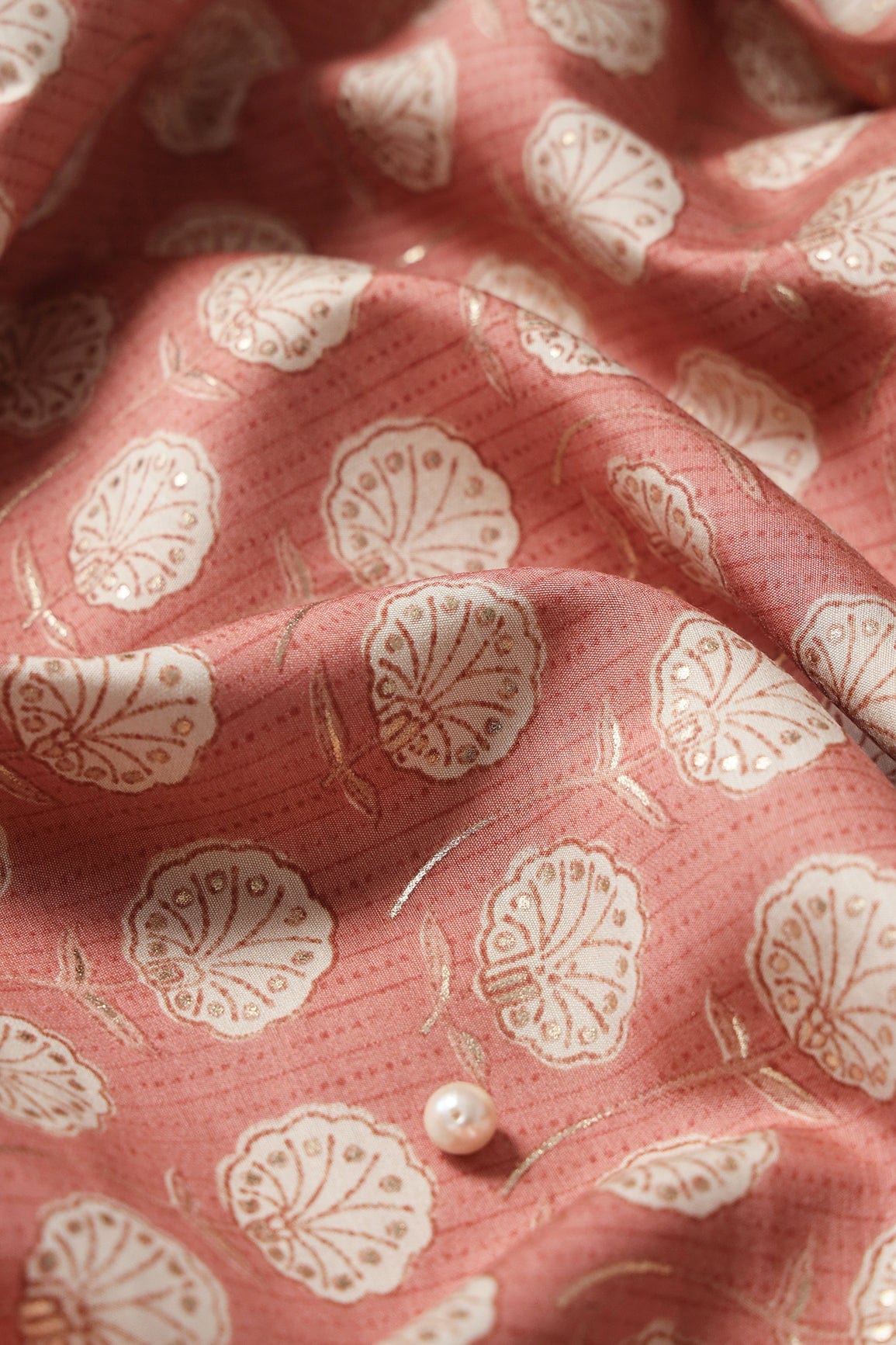Peach And Cream Floral Foil Print On Viscose Chanderi Silk Fabric - doeraa