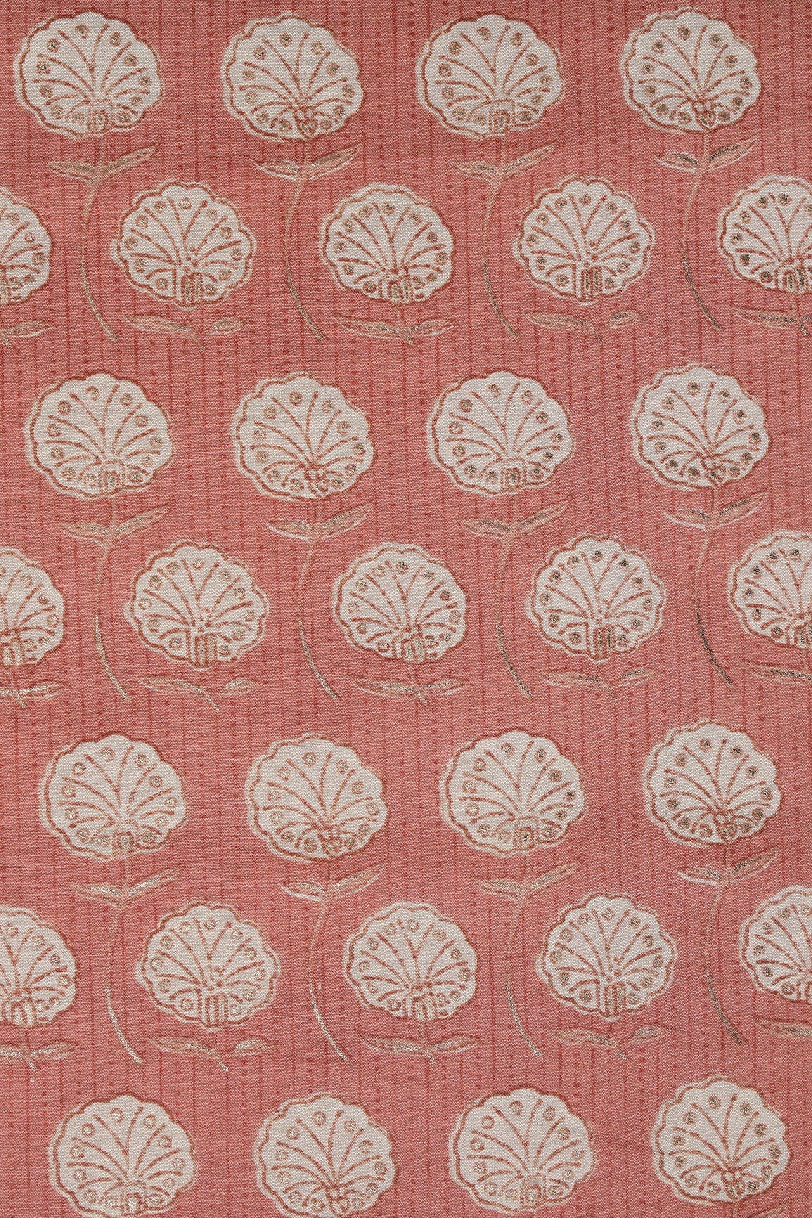 Peach And Cream Floral Foil Print On Viscose Chanderi Silk Fabric - doeraa