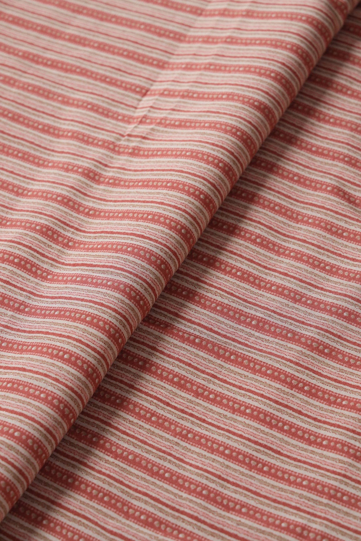 Peach And Cream Stripes Print On Viscose Chanderi Silk Fabric - doeraa