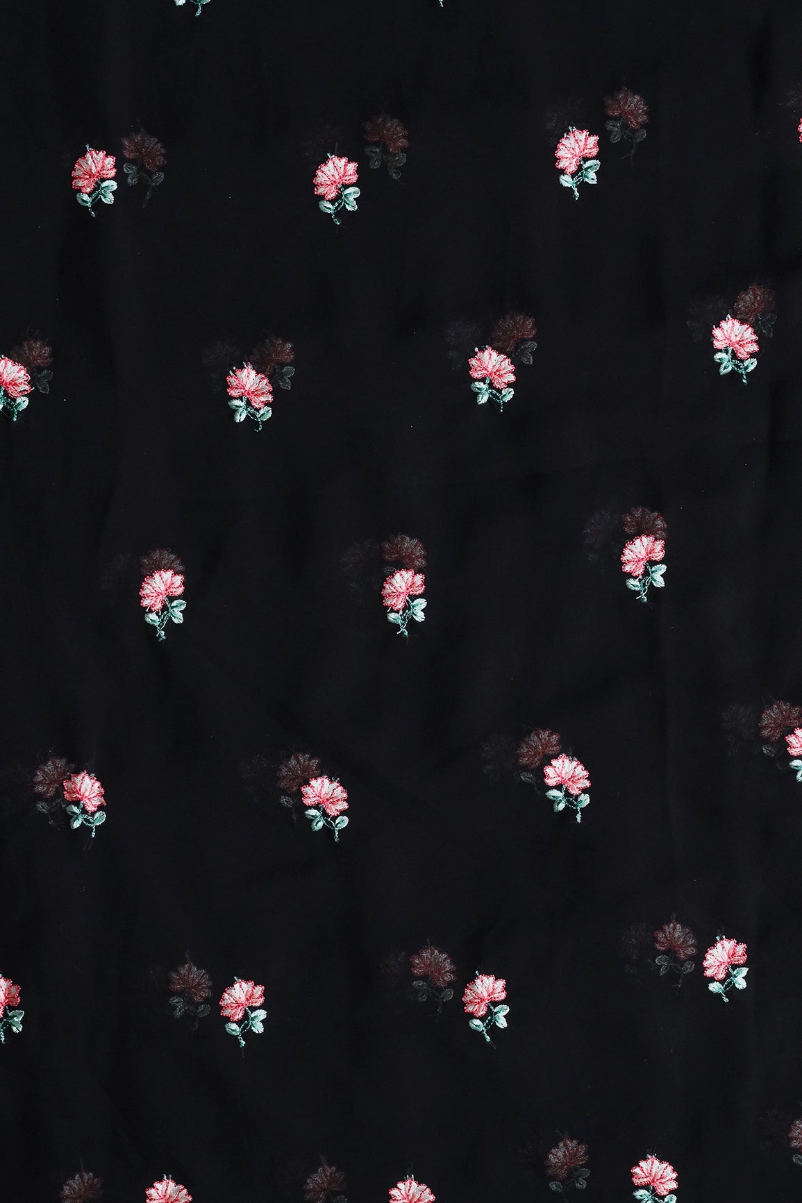 Peach And Green Small Floral Booti Embroidery On Black Georgette Fabric - doeraa