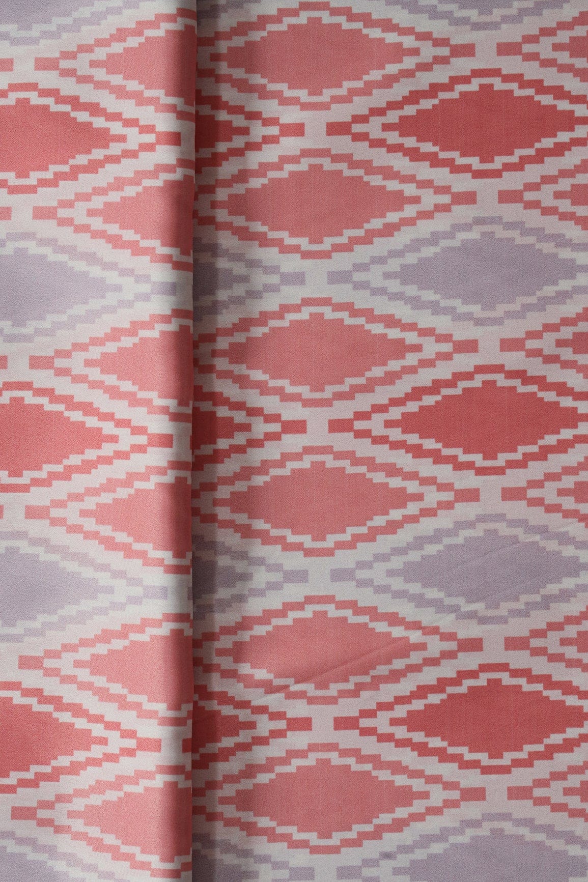 Peach And Light Lavender Ikat Pattern Digital Print On French Crepe Fabric - doeraa