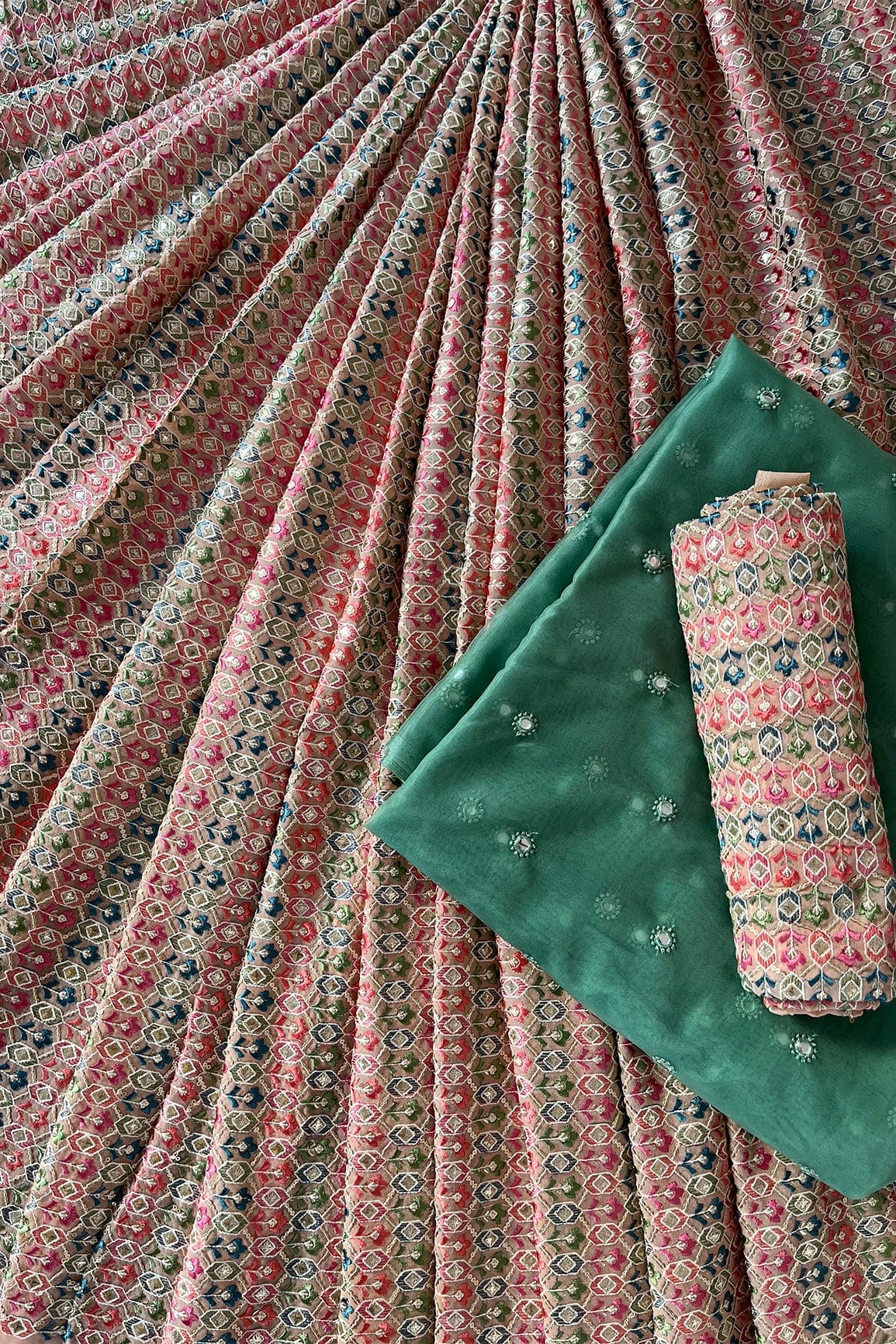 Peach And Olive Unstitched Lehenga Set Fabric (3 Piece) - doeraa