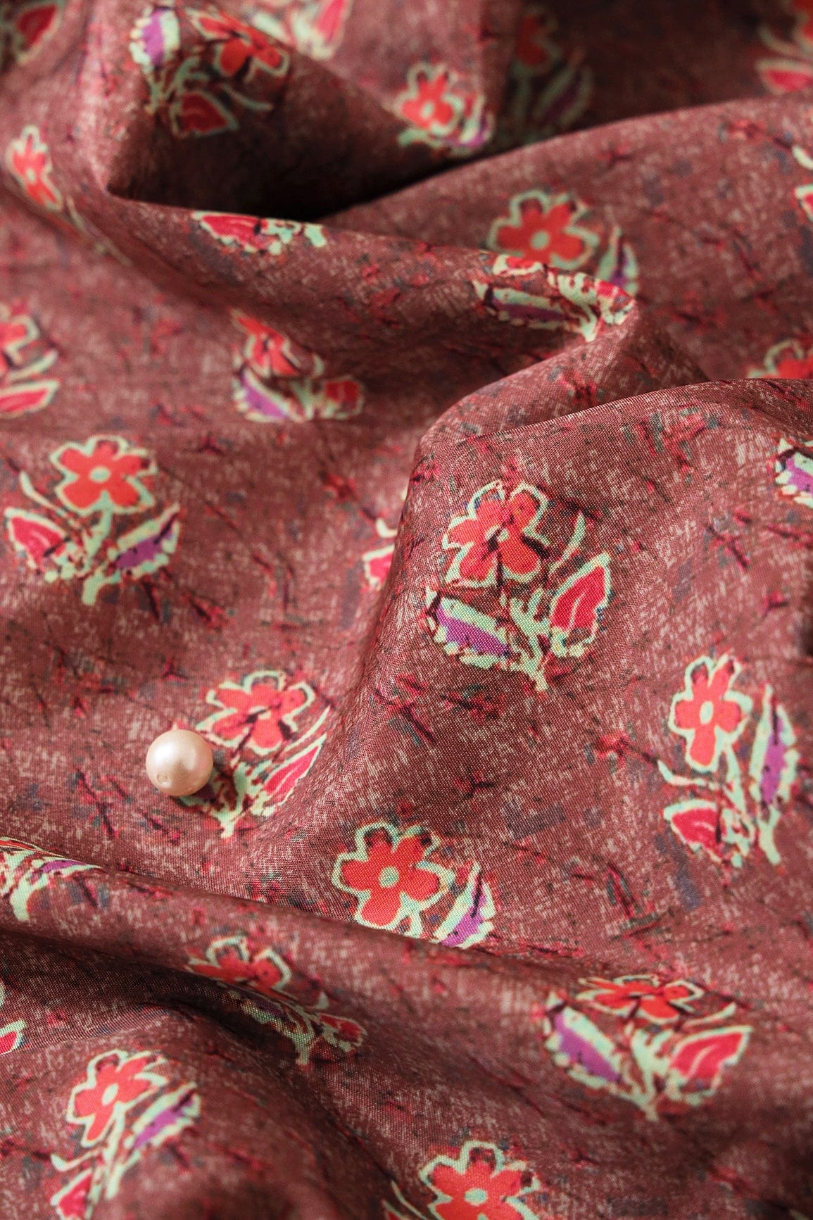 Peach And Pink Floral Pattern Digital Print On Brown French Crepe Fabric - doeraa