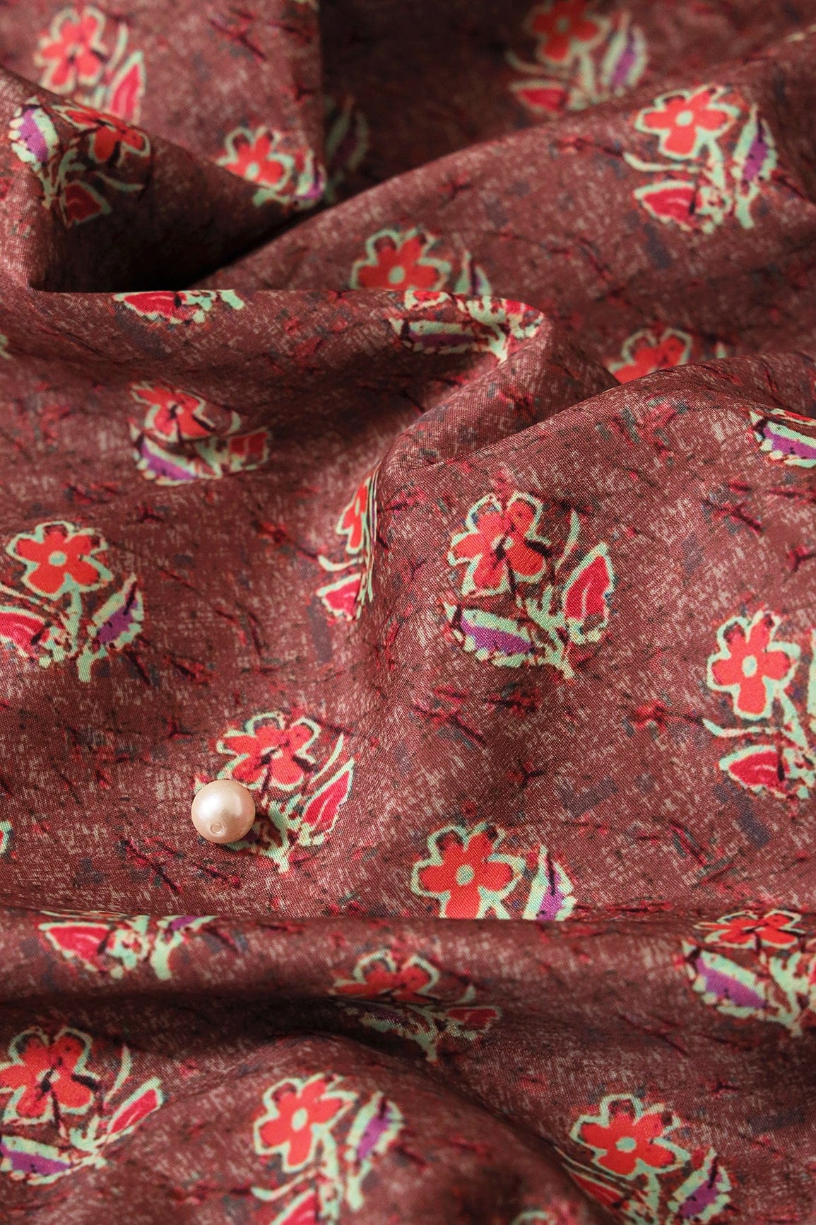Peach And Pink Floral Pattern Digital Print On Brown French Crepe Fabric - doeraa
