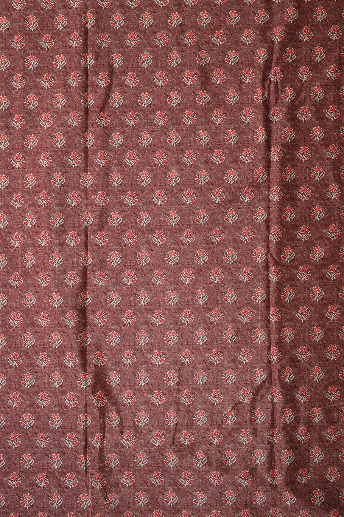 Peach And Pink Floral Pattern Digital Print On Brown French Crepe Fabric - doeraa