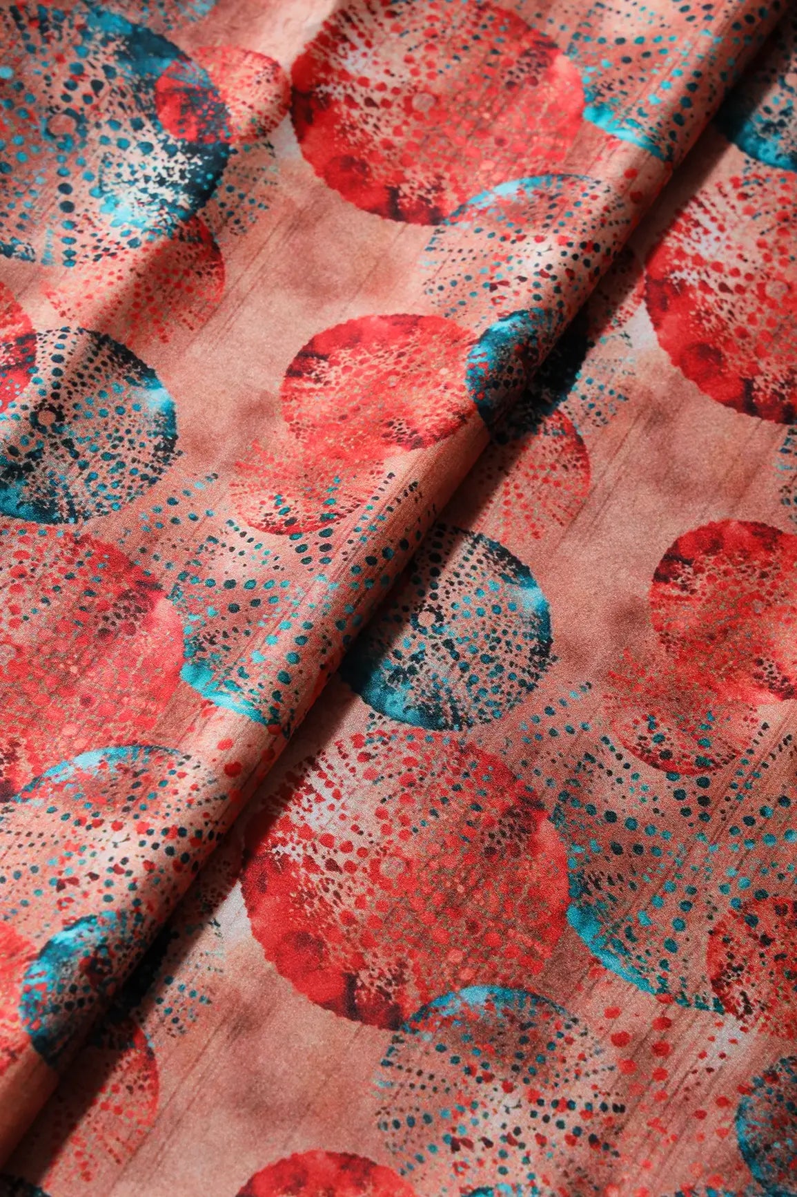 Peach And Turquoise Geometric Pattern Digital Print On Satin Fabric - doeraa