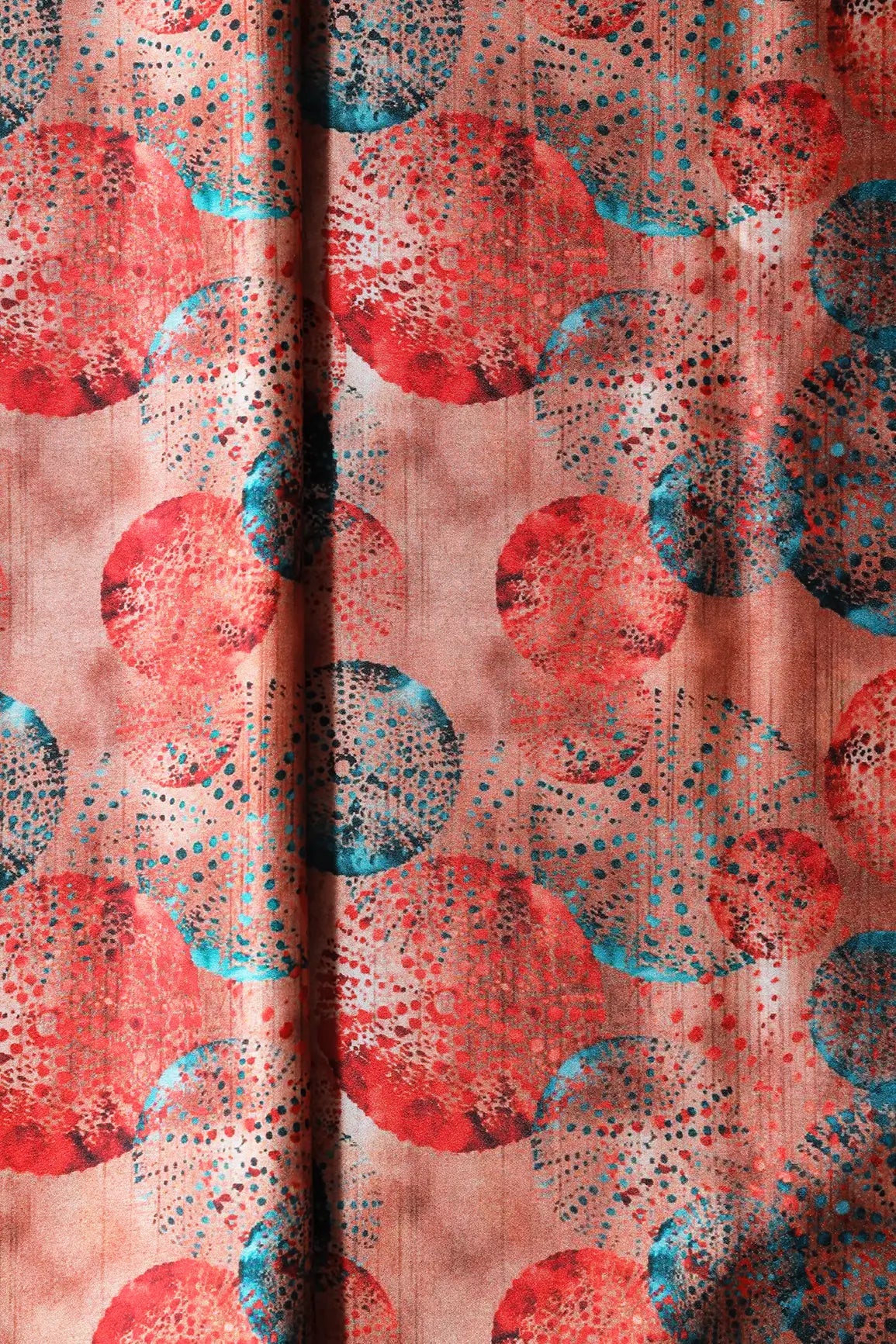 Peach And Turquoise Geometric Pattern Digital Print On Satin Fabric - doeraa