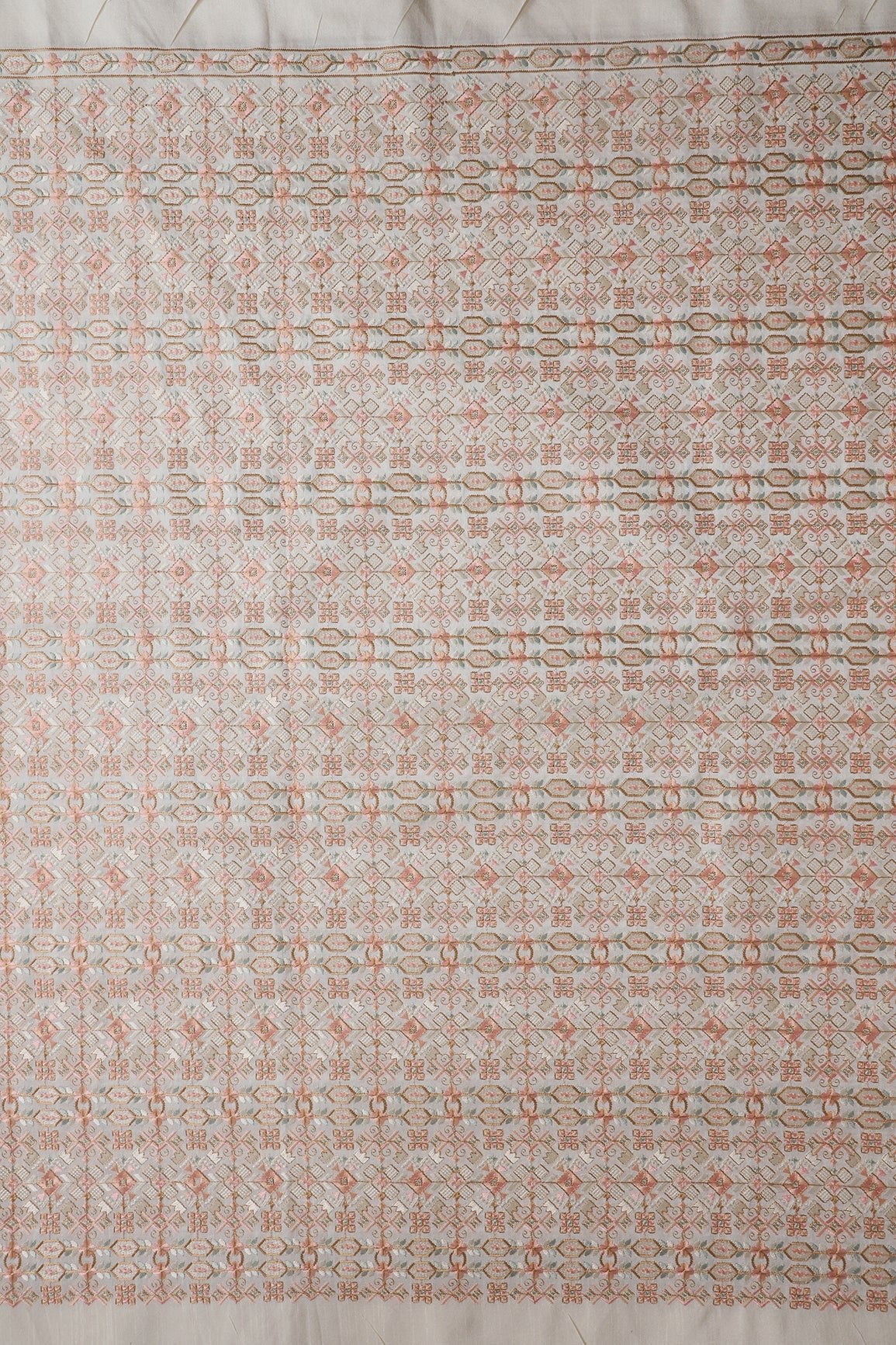 Peach And White Thread With Gold Zari Traditional Embroidery On Off White Raw Silk Fabric - doeraa
