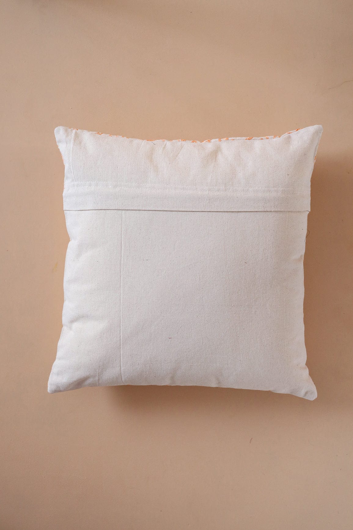 Peach Colour Floral Embroidery on Off White cotton Cushion Cover (16*16 inches) - doeraa