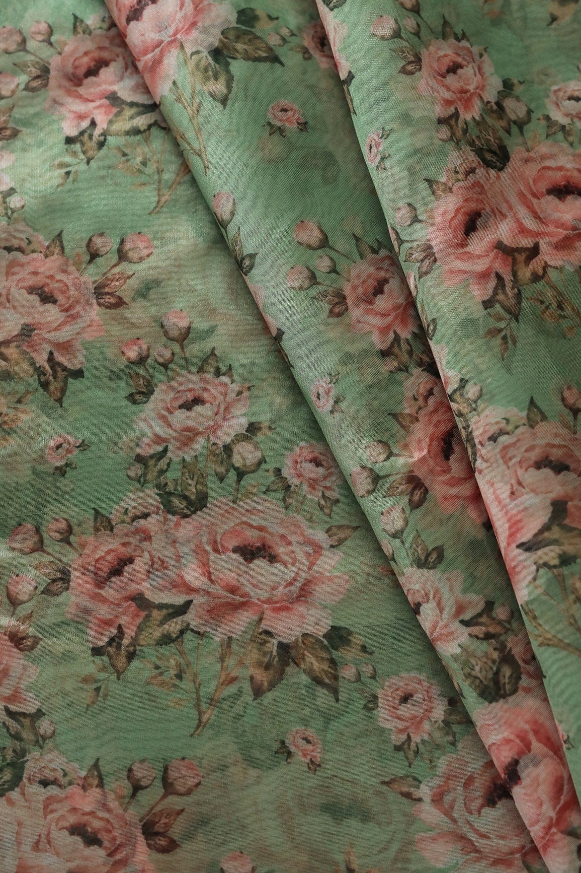 Peach Floral Digital Print On Parrot Green Organza Fabric - doeraa