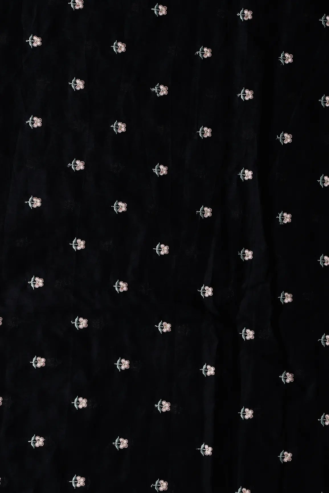 Peach & Olive Thread Small Floral Embroidery Work On Black Pure Mul Cotton Fabric - doeraa