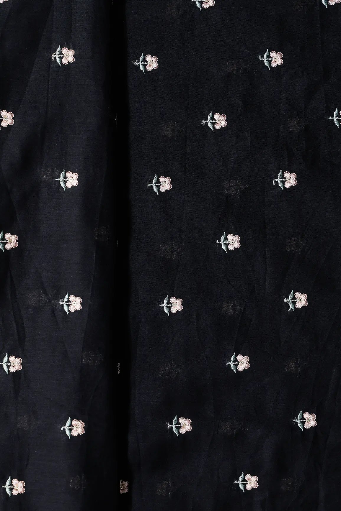 Peach & Olive Thread Small Floral Embroidery Work On Black Pure Mul Cotton Fabric - doeraa