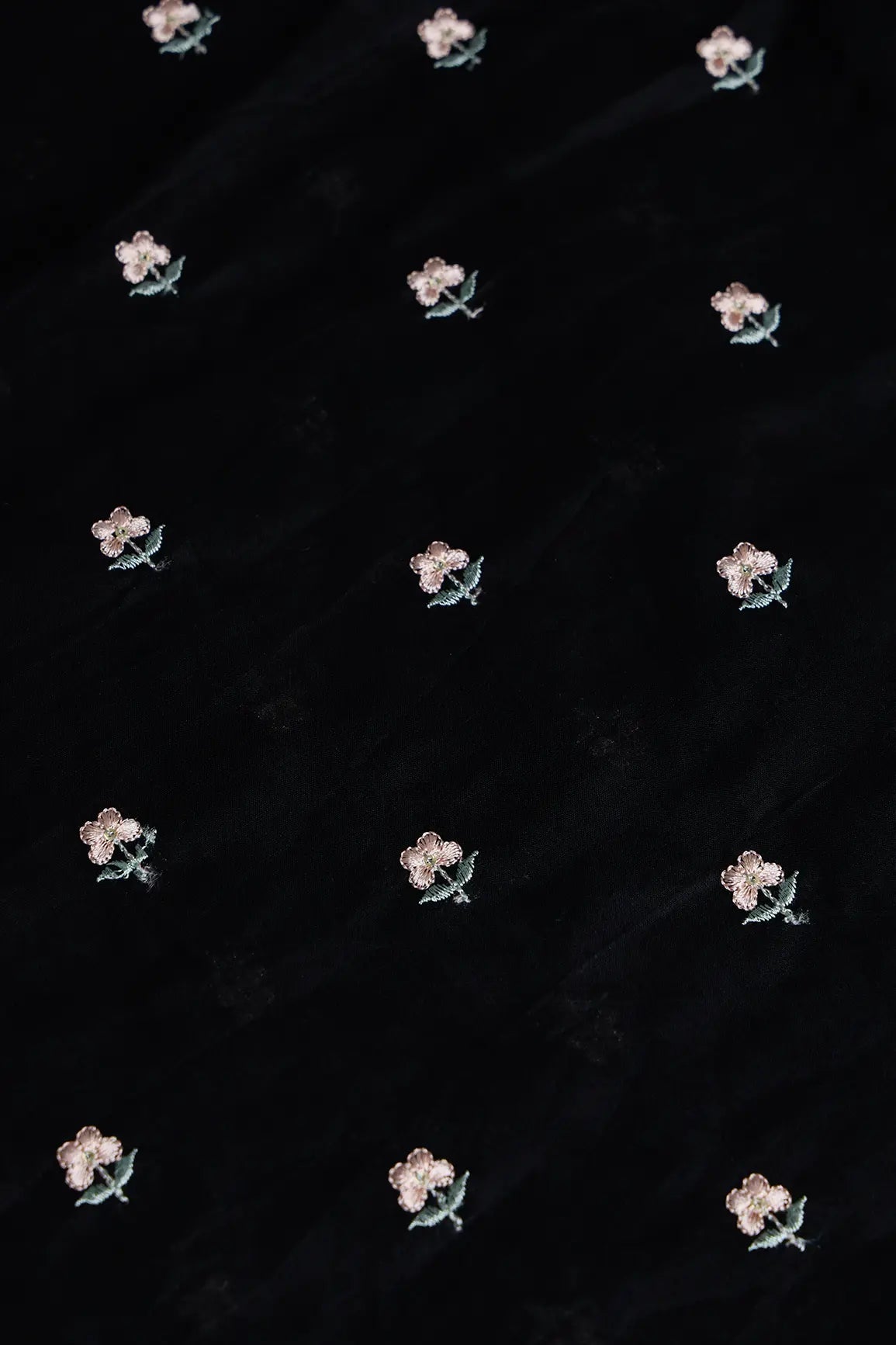 Peach & Olive Thread Small Floral Embroidery Work On Black Pure Mul Cotton Fabric - doeraa