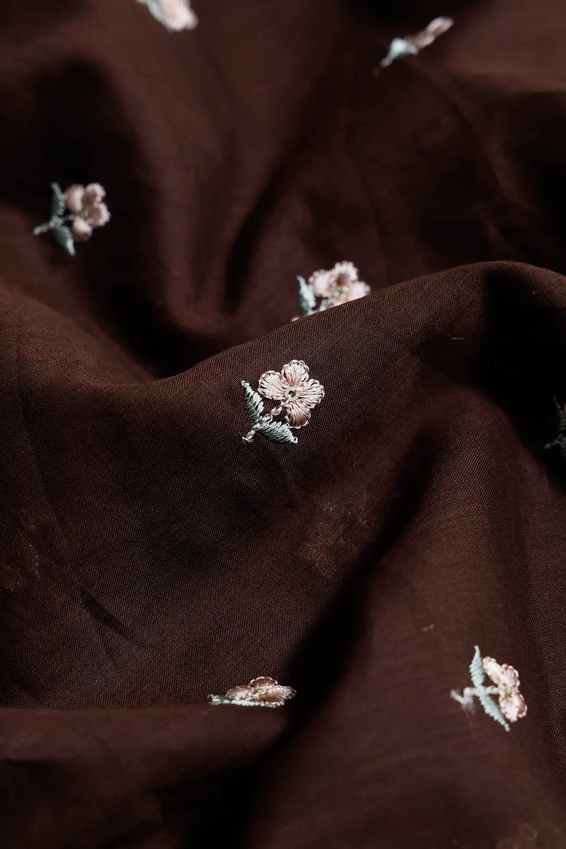 Peach & Olive Thread Small Floral Embroidery Work On Dark Coffee Pure Mul Cotton Fabric - doeraa