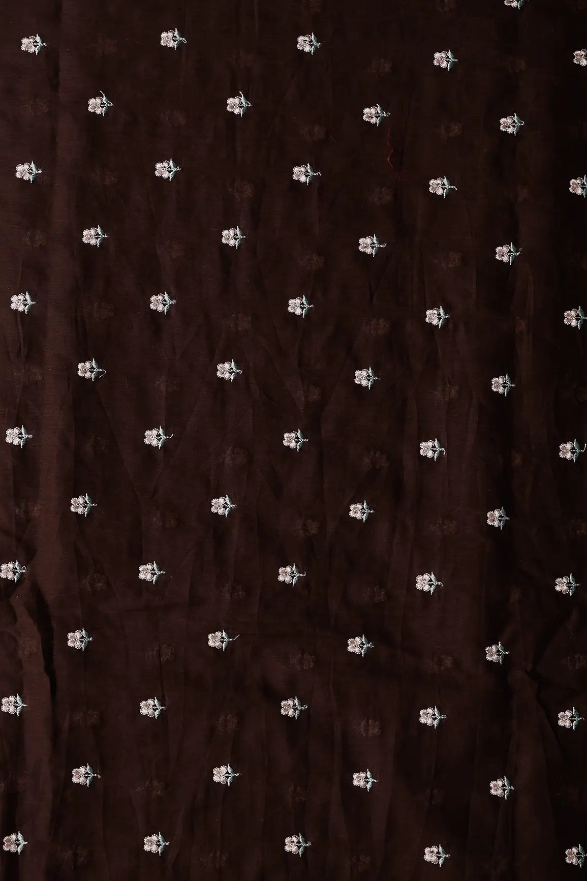 Peach & Olive Thread Small Floral Embroidery Work On Dark Coffee Pure Mul Cotton Fabric - doeraa