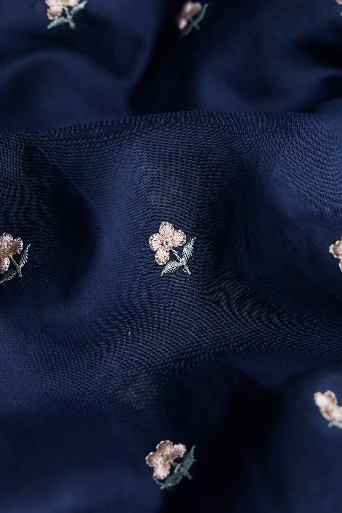 Peach & Olive Thread Small Floral Embroidery Work On Navy Blue Pure Mul Cotton Fabric - doeraa