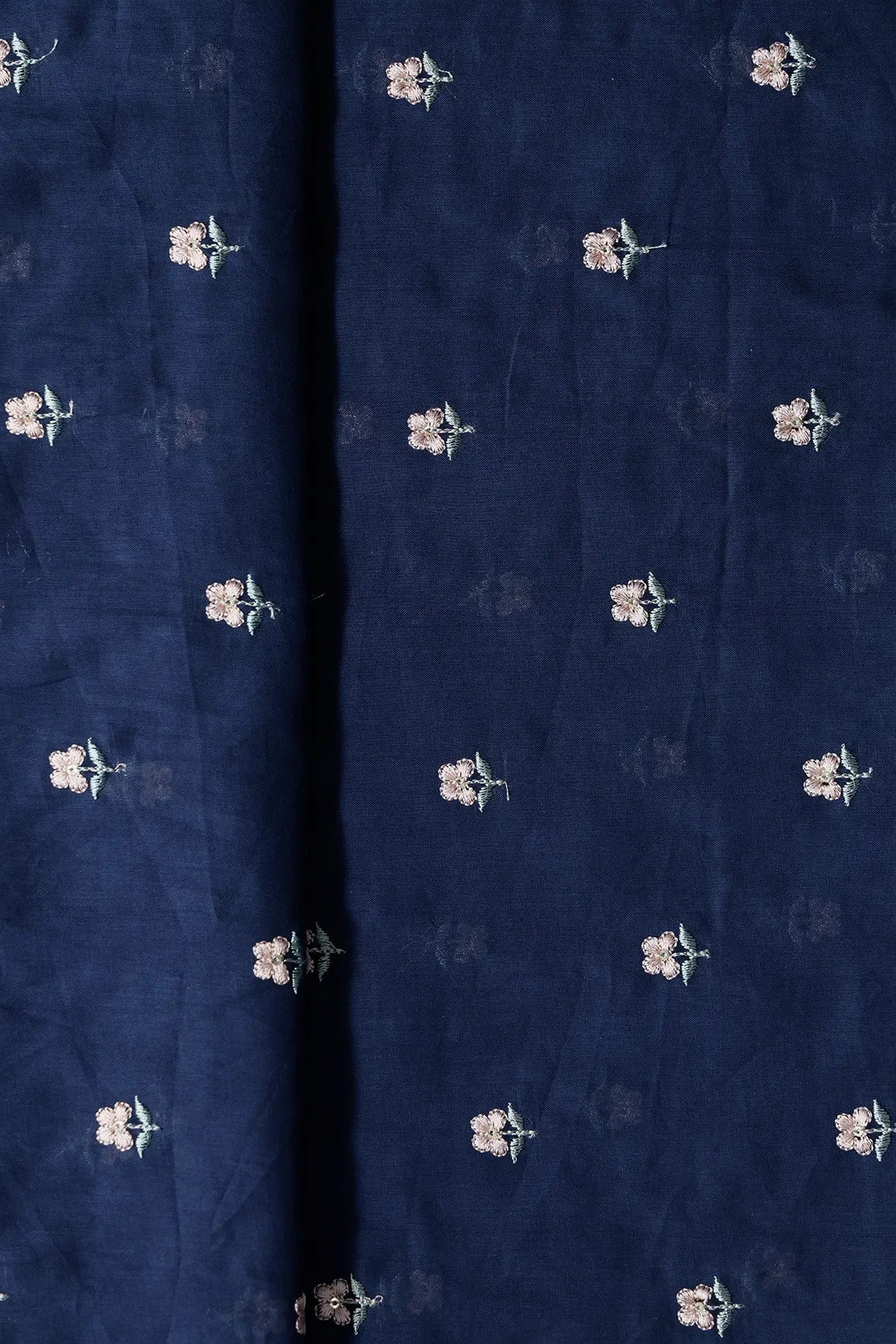 Peach & Olive Thread Small Floral Embroidery Work On Navy Blue Pure Mul Cotton Fabric - doeraa