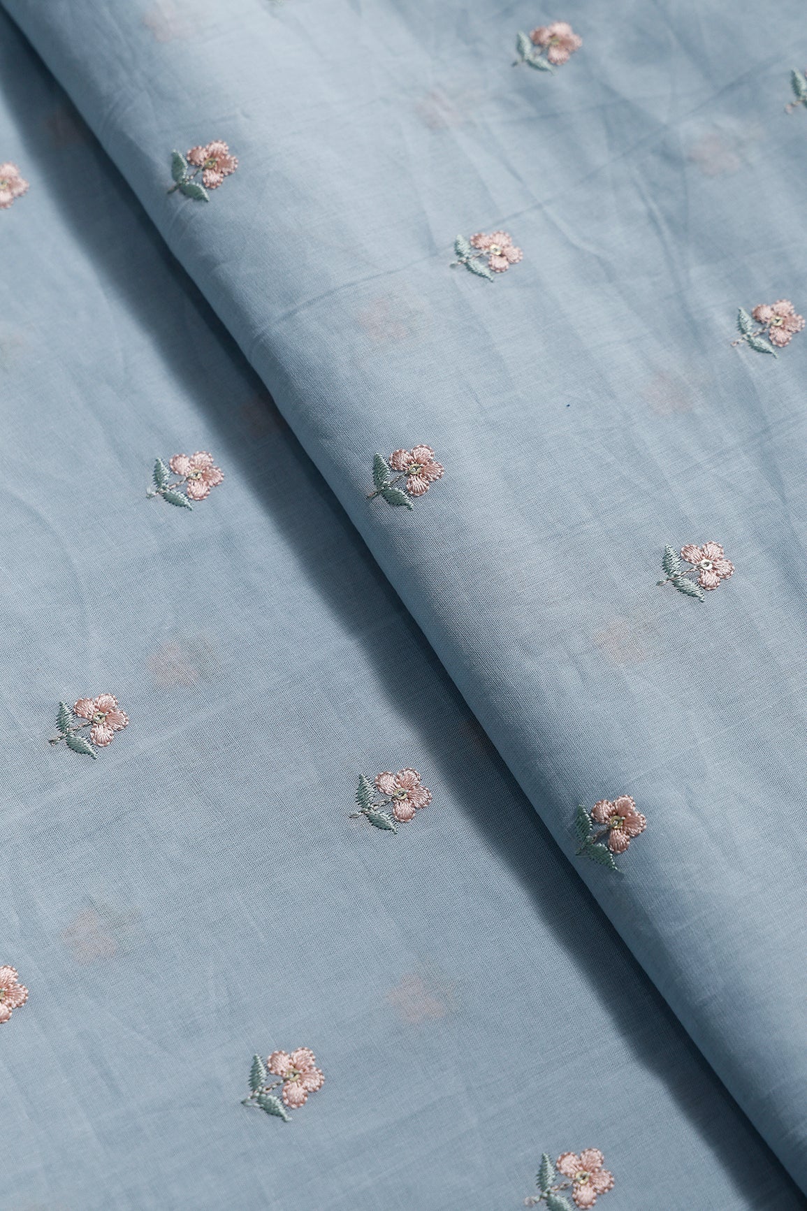 Peach & Olive Thread Small Floral Embroidery Work On Pastel Blue Pure Mul Cotton Fabric - doeraa