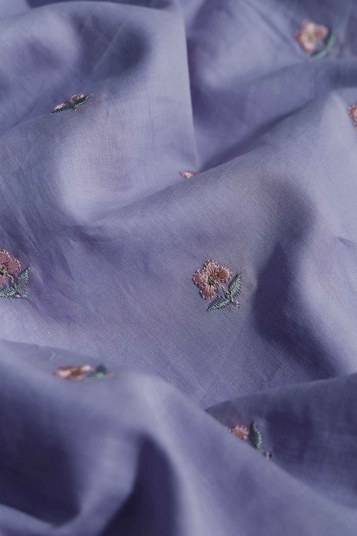 Peach & Olive Thread Small Floral Embroidery Work On Pastel Lilac Pure Mul Cotton Fabric - doeraa