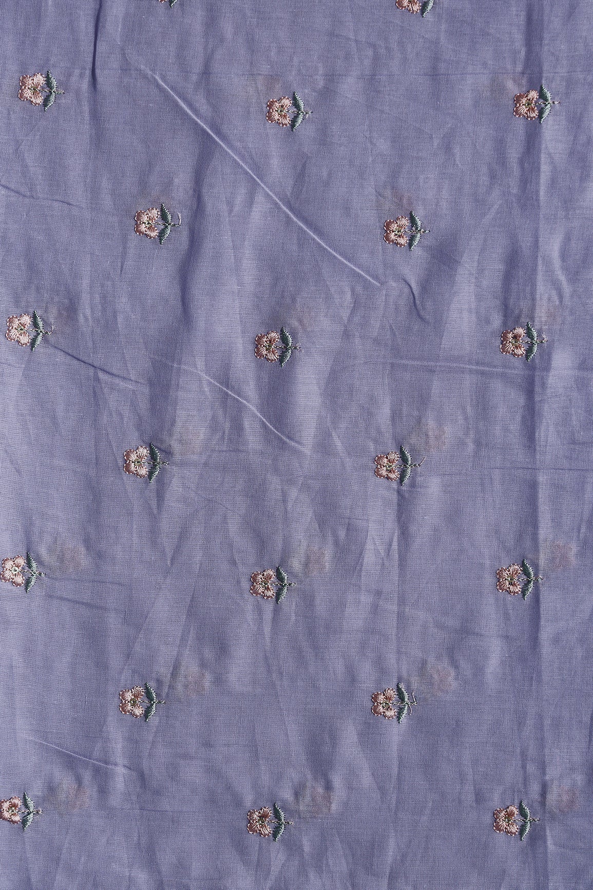 Peach & Olive Thread Small Floral Embroidery Work On Pastel Lilac Pure Mul Cotton Fabric - doeraa