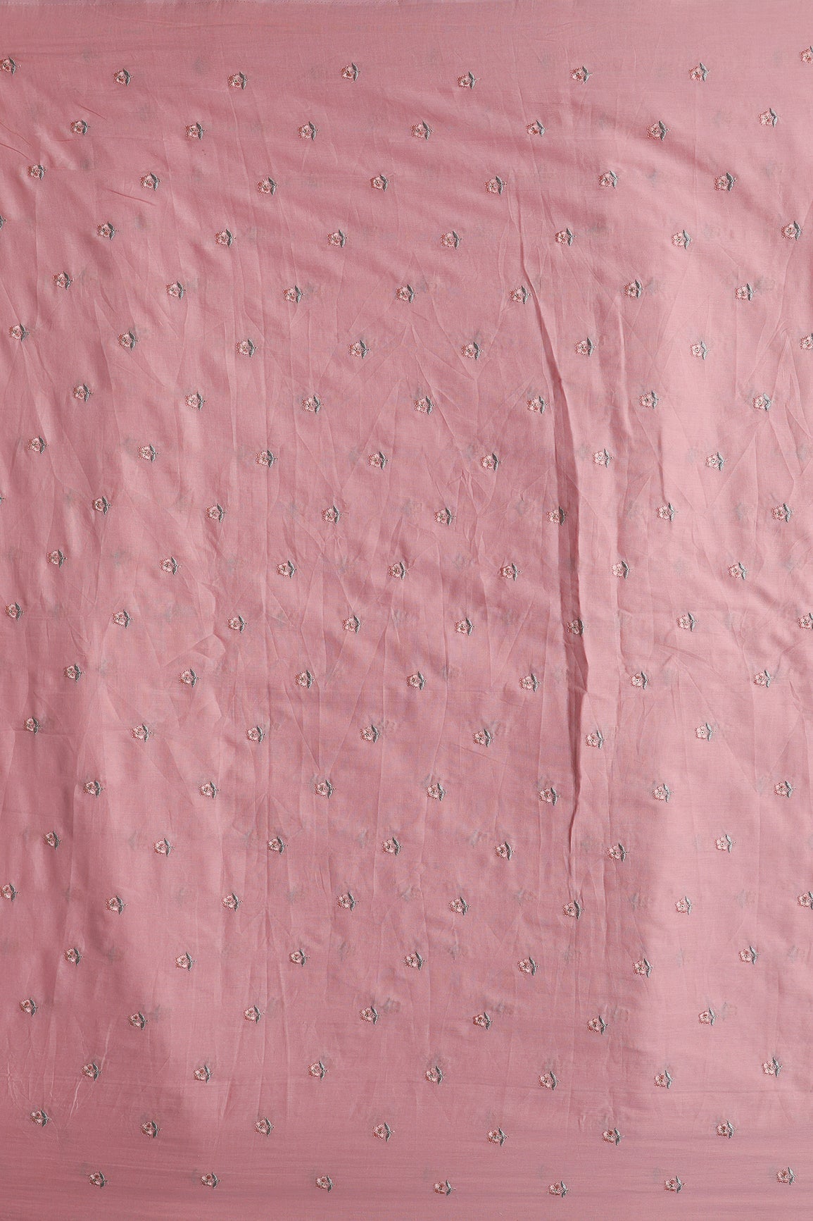 Peach & Olive Thread Small Floral Embroidery Work On Pastel Pink Pure Mul Cotton Fabric - doeraa