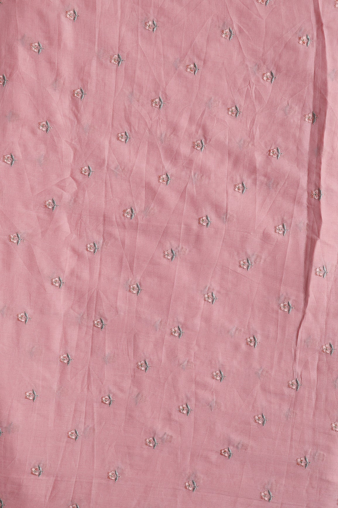 Peach & Olive Thread Small Floral Embroidery Work On Pastel Pink Pure Mul Cotton Fabric - doeraa