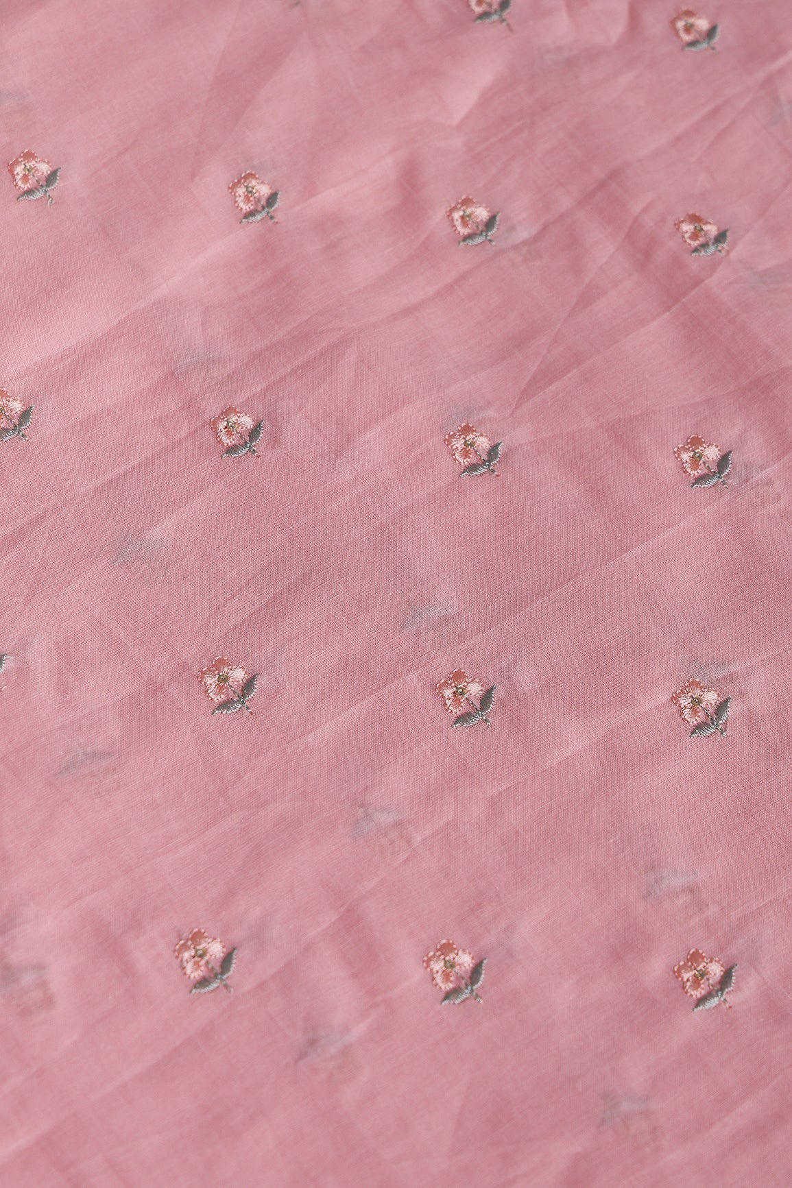 Peach & Olive Thread Small Floral Embroidery Work On Pastel Pink Pure Mul Cotton Fabric - doeraa
