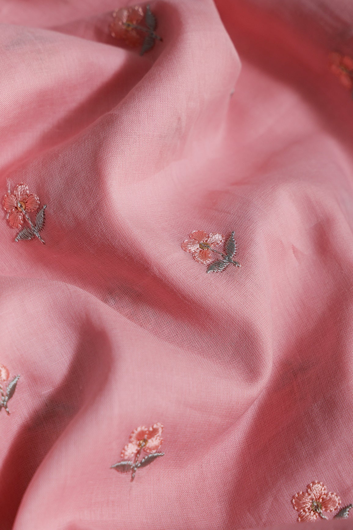 Peach & Olive Thread Small Floral Embroidery Work On Pastel Pink Pure Mul Cotton Fabric - doeraa