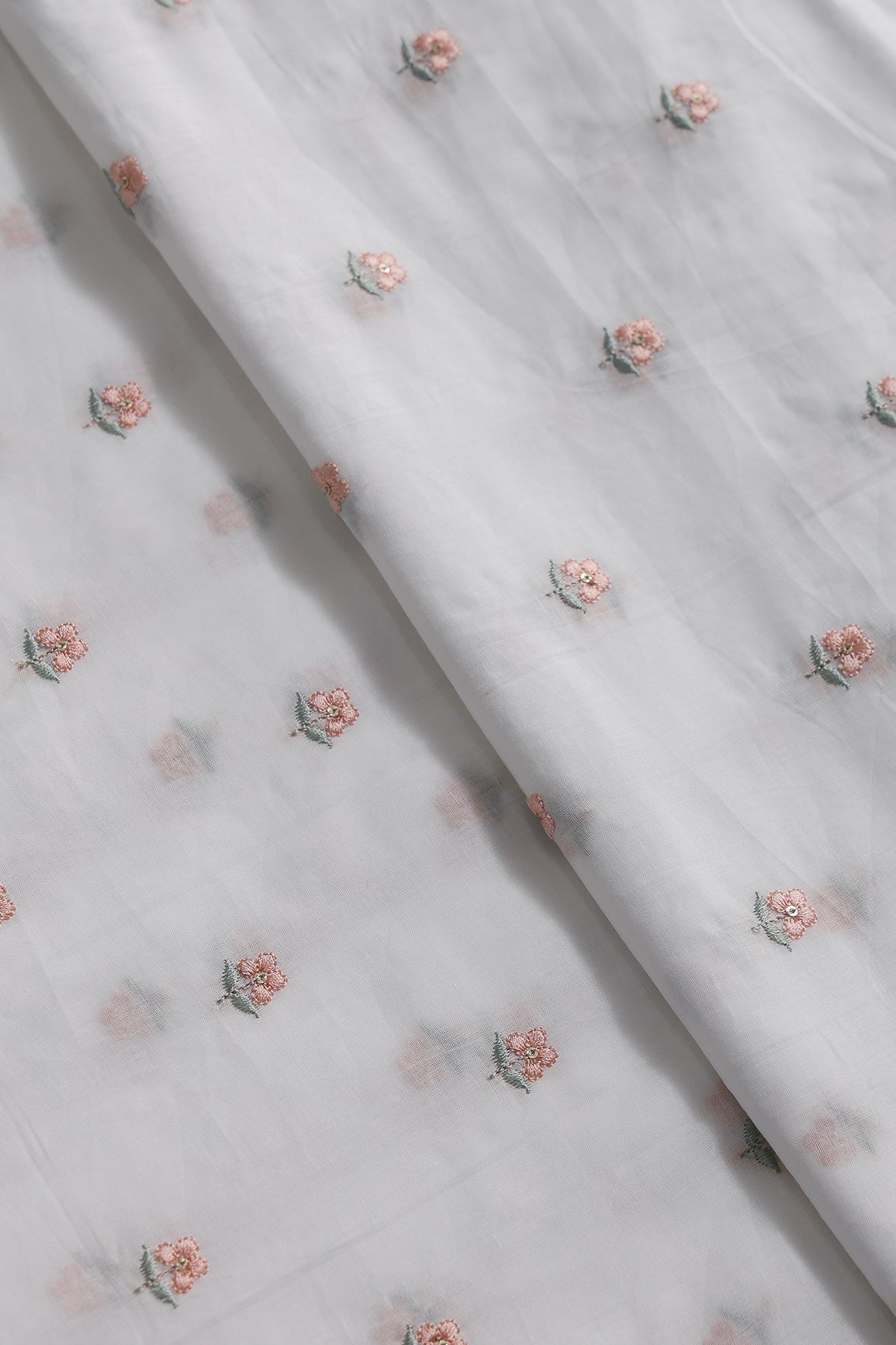 Peach & Olive Thread Small Floral Embroidery Work On White Pure Mul Cotton Fabric - doeraa