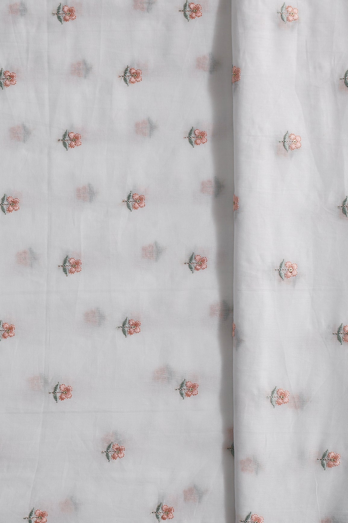 Peach & Olive Thread Small Floral Embroidery Work On White Pure Mul Cotton Fabric - doeraa