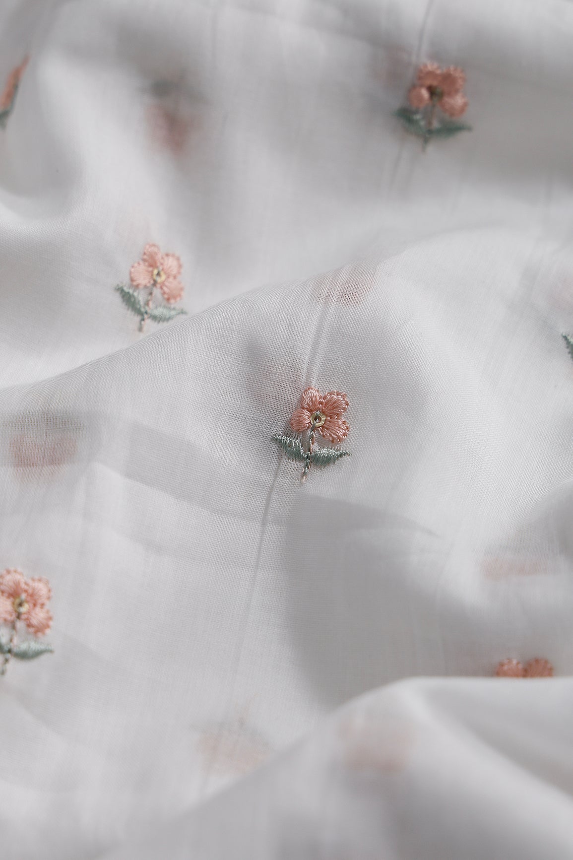 Peach & Olive Thread Small Floral Embroidery Work On White Pure Mul Cotton Fabric - doeraa