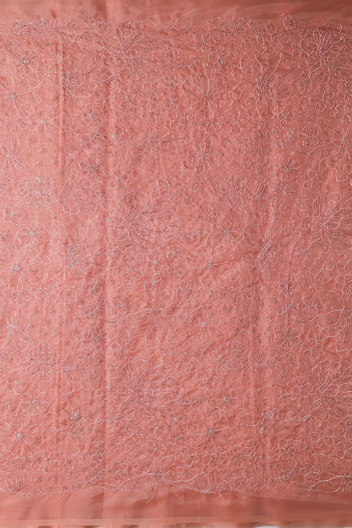 Peach Thread & Beads With Sequins Floral Embroidery Work On Peach Organza Fabric - doeraa