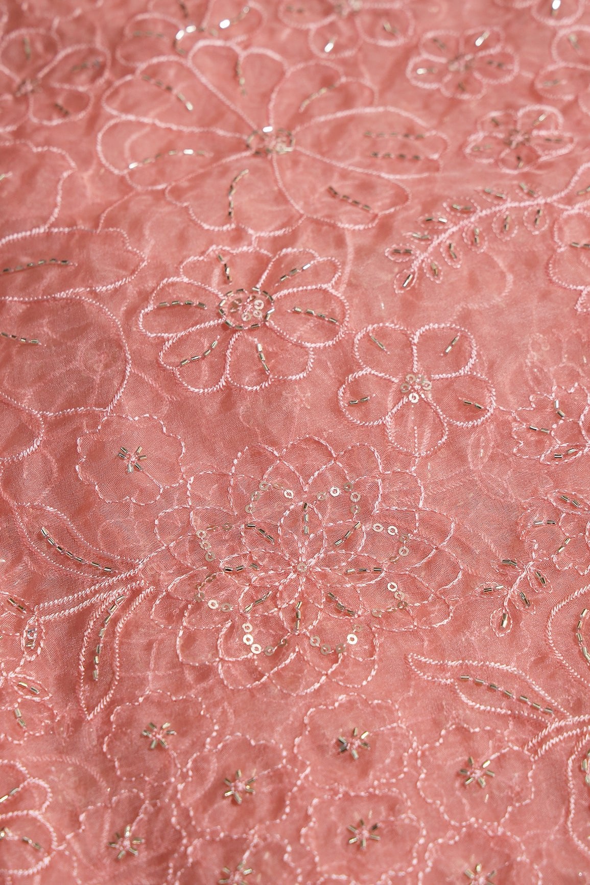 Peach Thread & Beads With Sequins Floral Embroidery Work On Peach Organza Fabric - doeraa