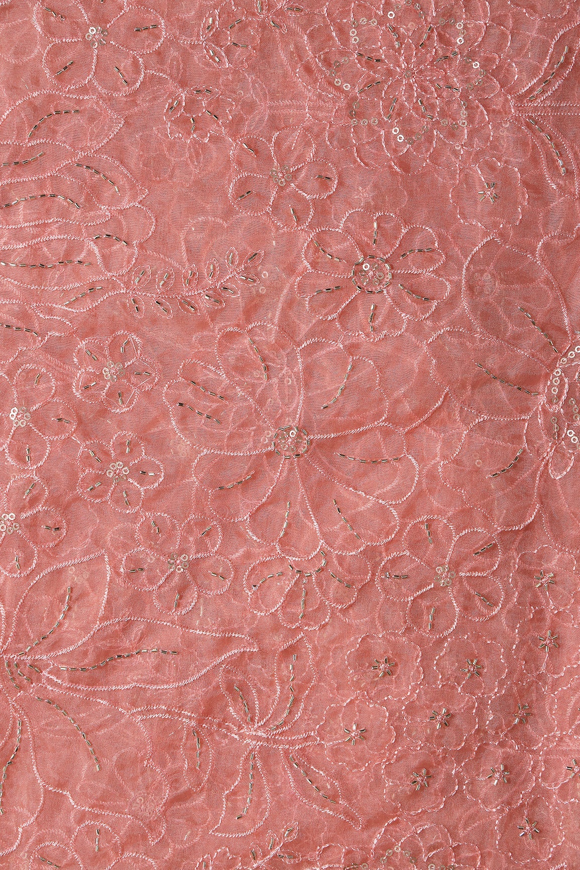 Peach Thread & Beads With Sequins Floral Embroidery Work On Peach Organza Fabric - doeraa