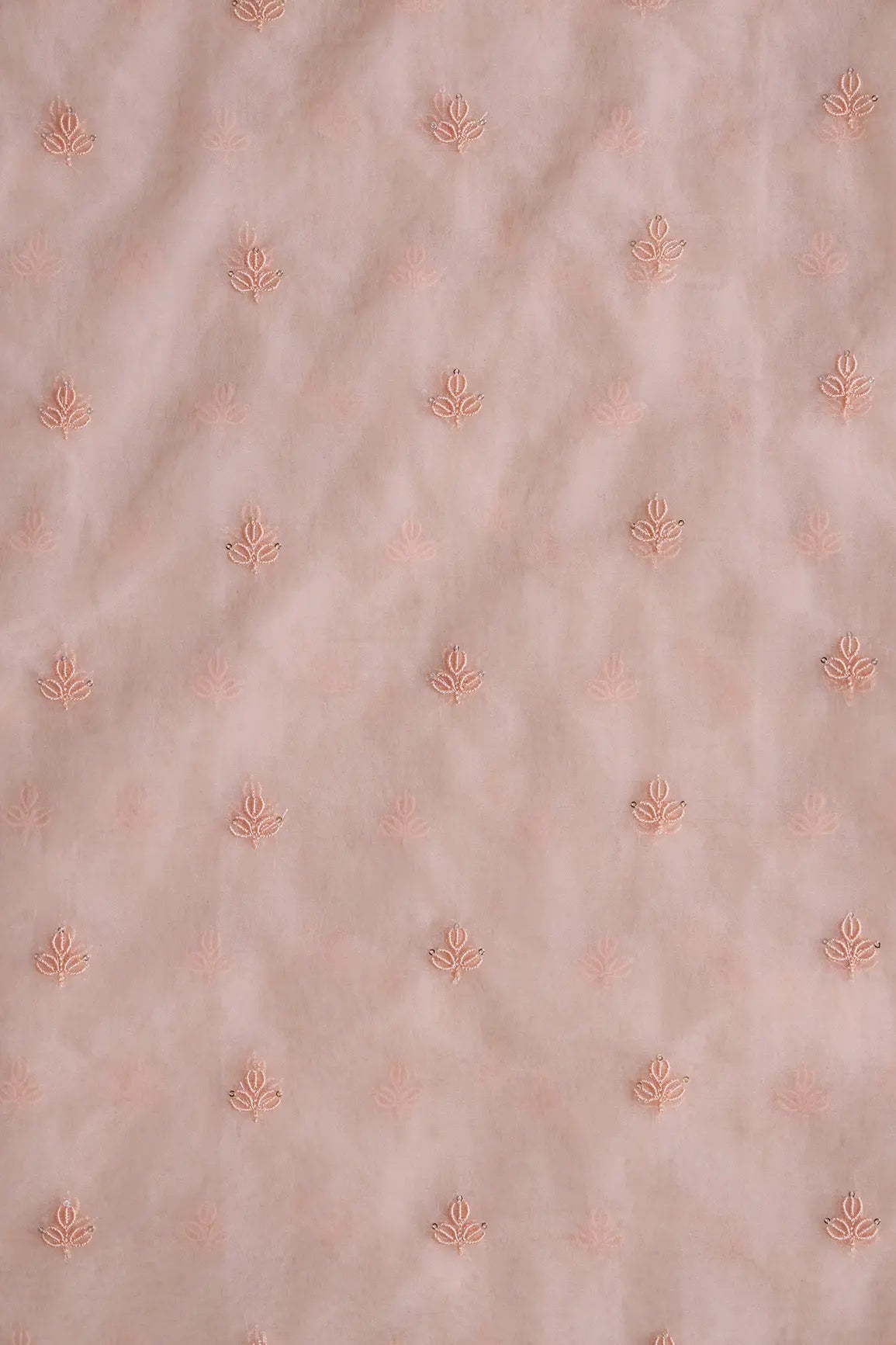 Peach Thread With Sequins Beautiful Small Leafy Embroidery Work On Peach Organza Fabric - doeraa