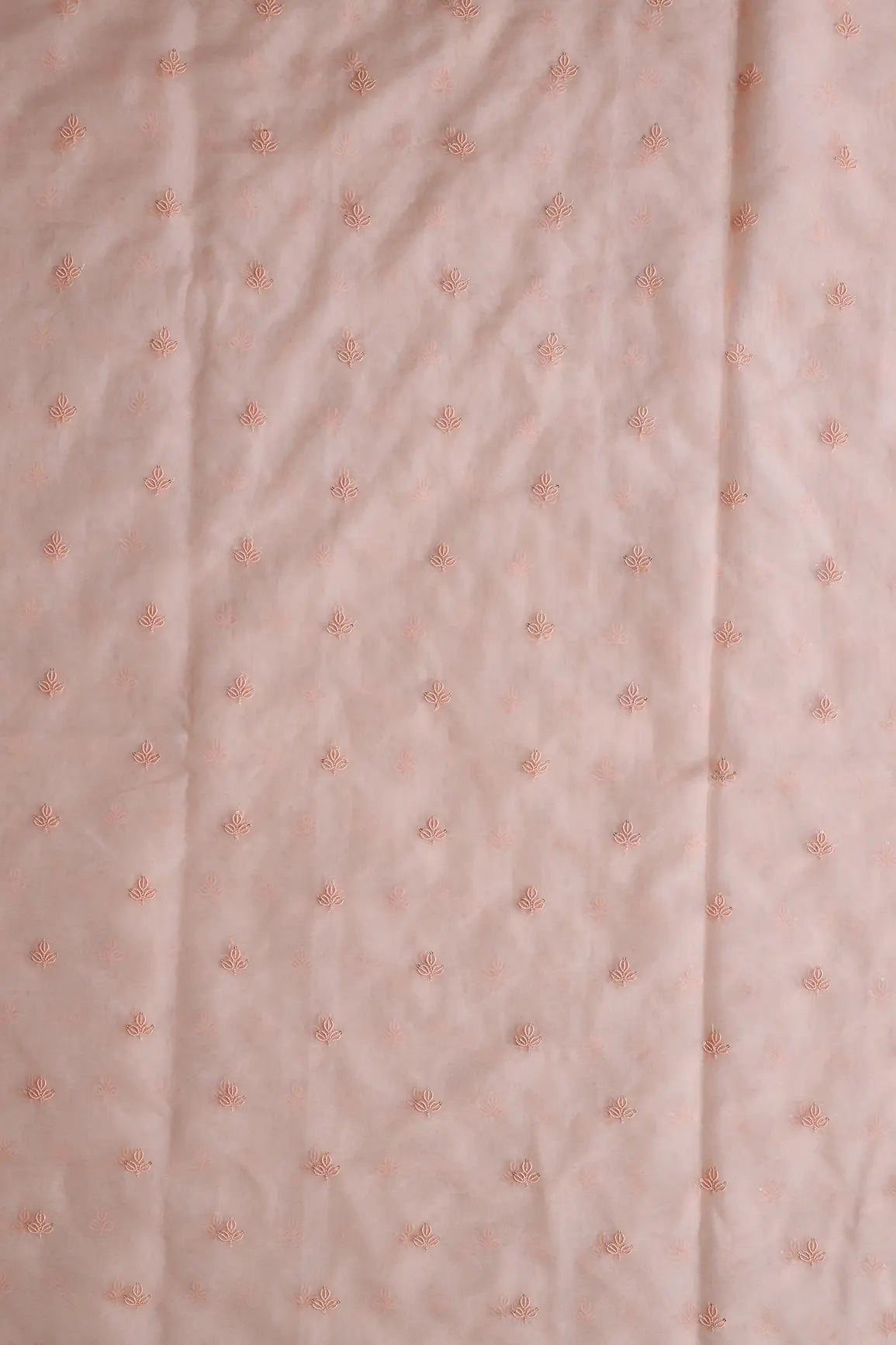 Peach Thread With Sequins Beautiful Small Leafy Embroidery Work On Peach Organza Fabric - doeraa