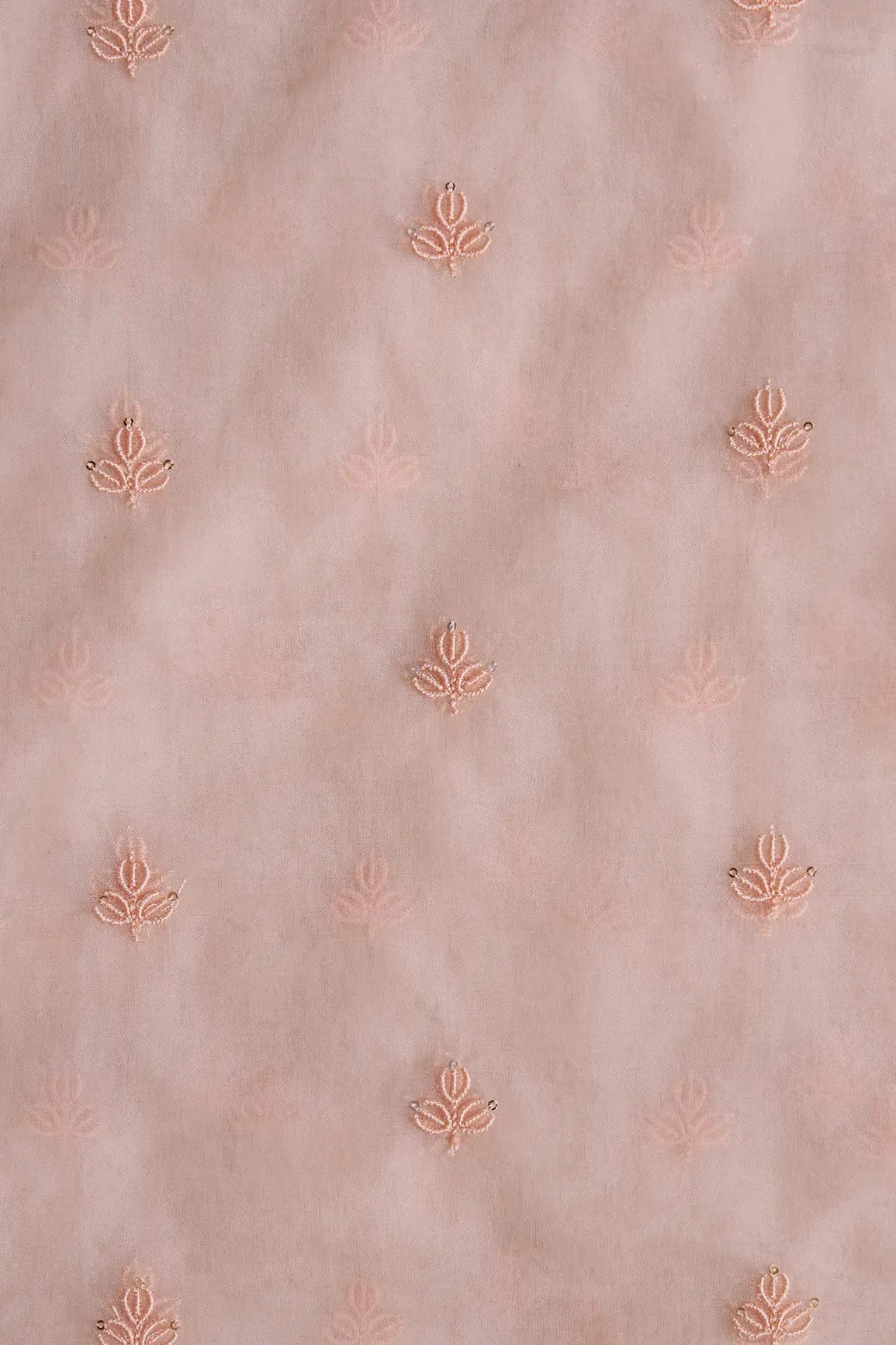 Peach Thread With Sequins Beautiful Small Leafy Embroidery Work On Peach Organza Fabric - doeraa