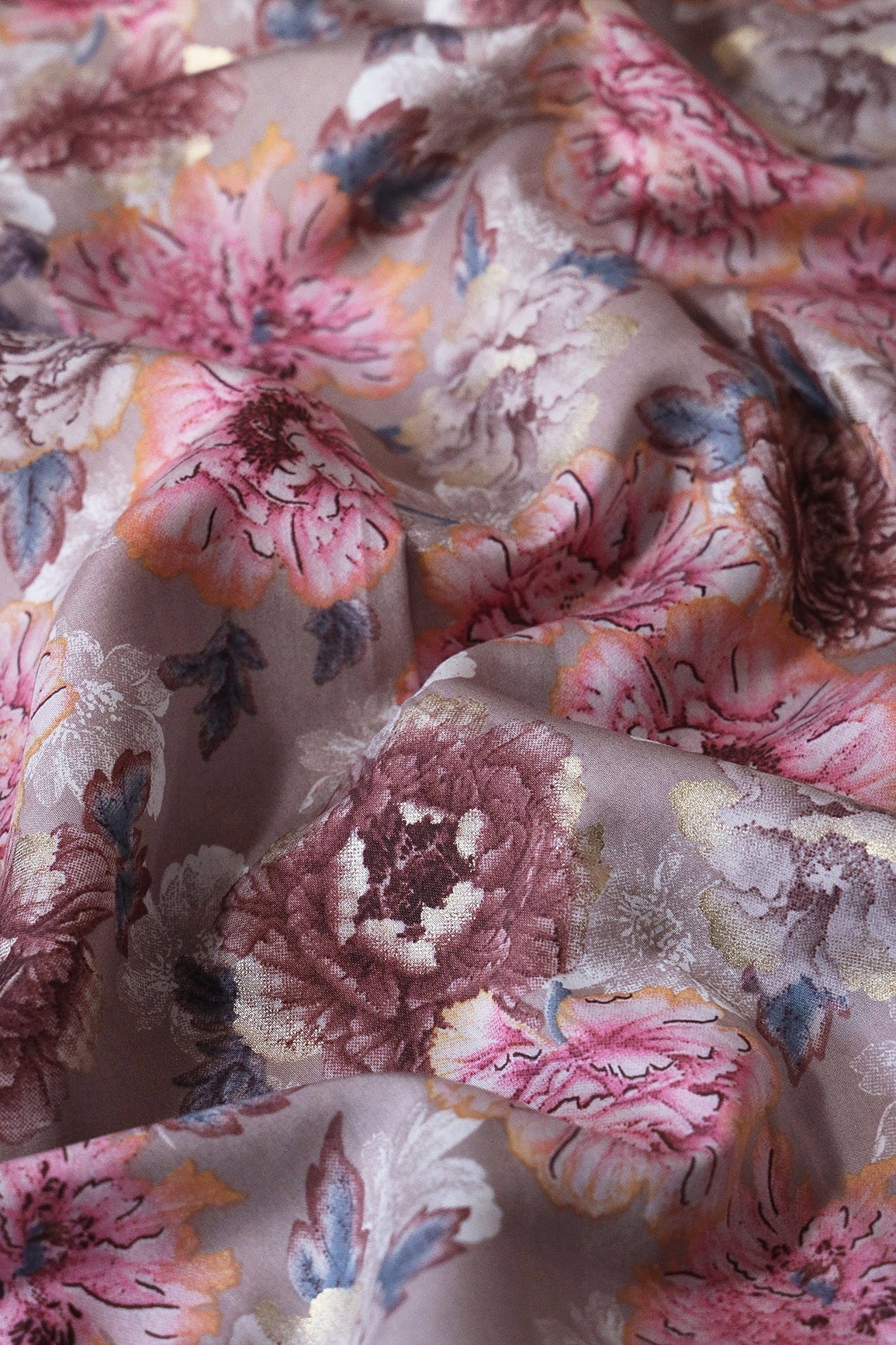 Pink And Beige Floral Print On Viscose Chanderi Silk Fabric - doeraa