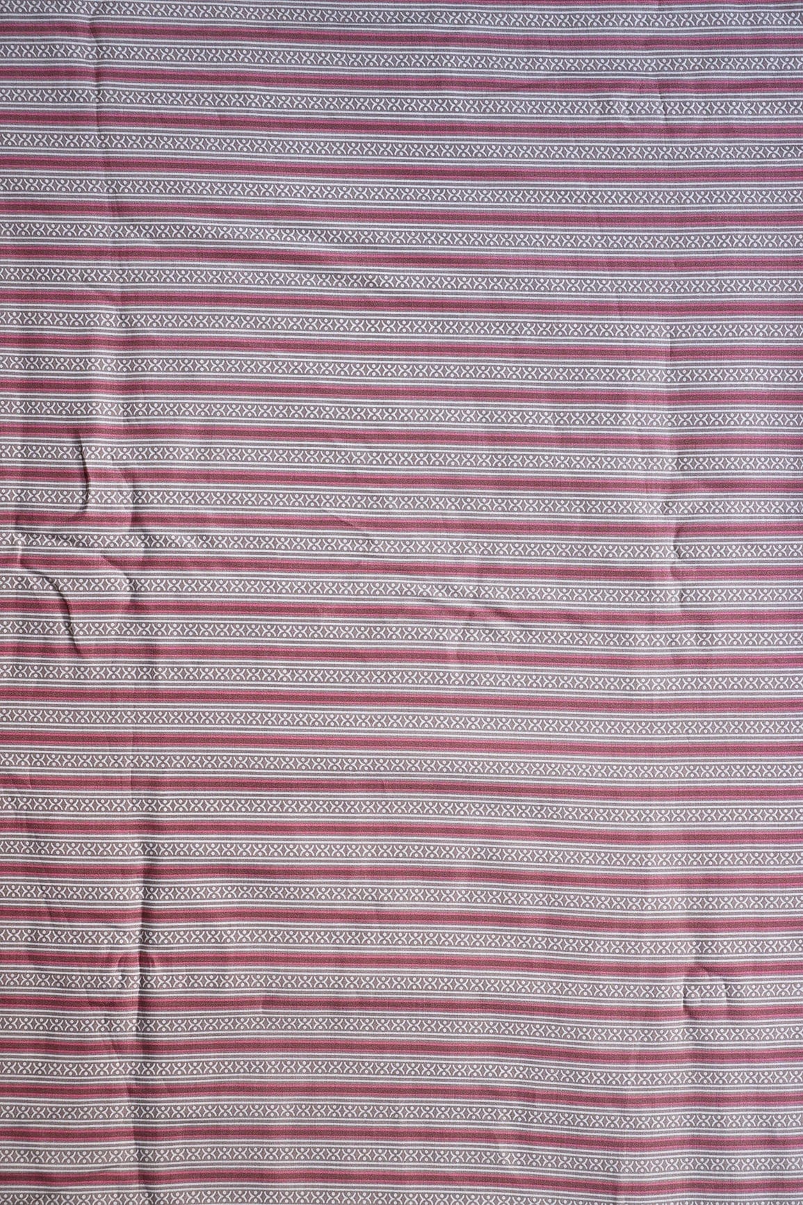 Pink And Beige Stripes Print On Viscose Chanderi Silk Fabric - doeraa