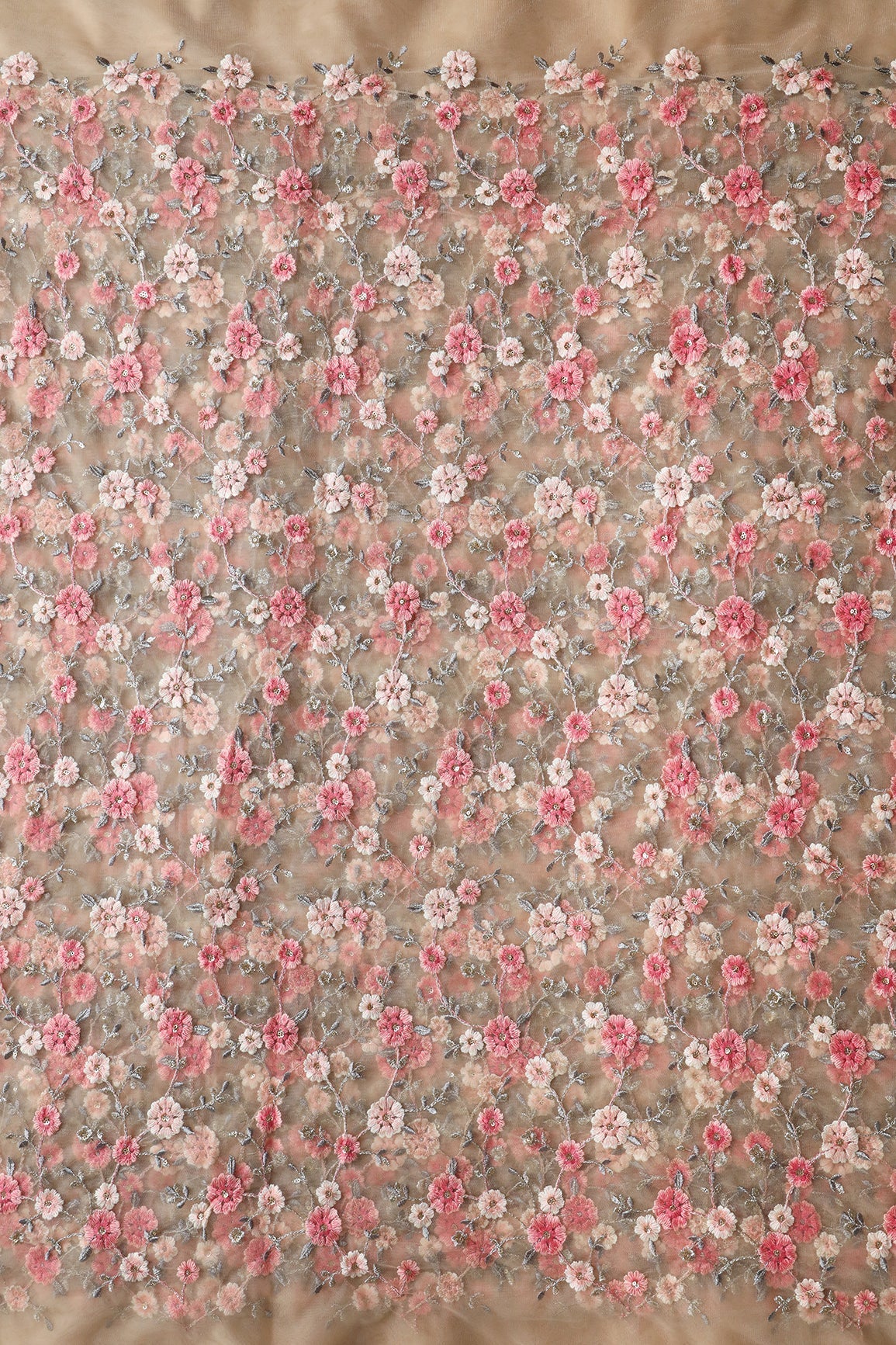 Pink And Cream Thread With Gold Sequins Floral Embroidery On Beige Soft Net Fabric - doeraa