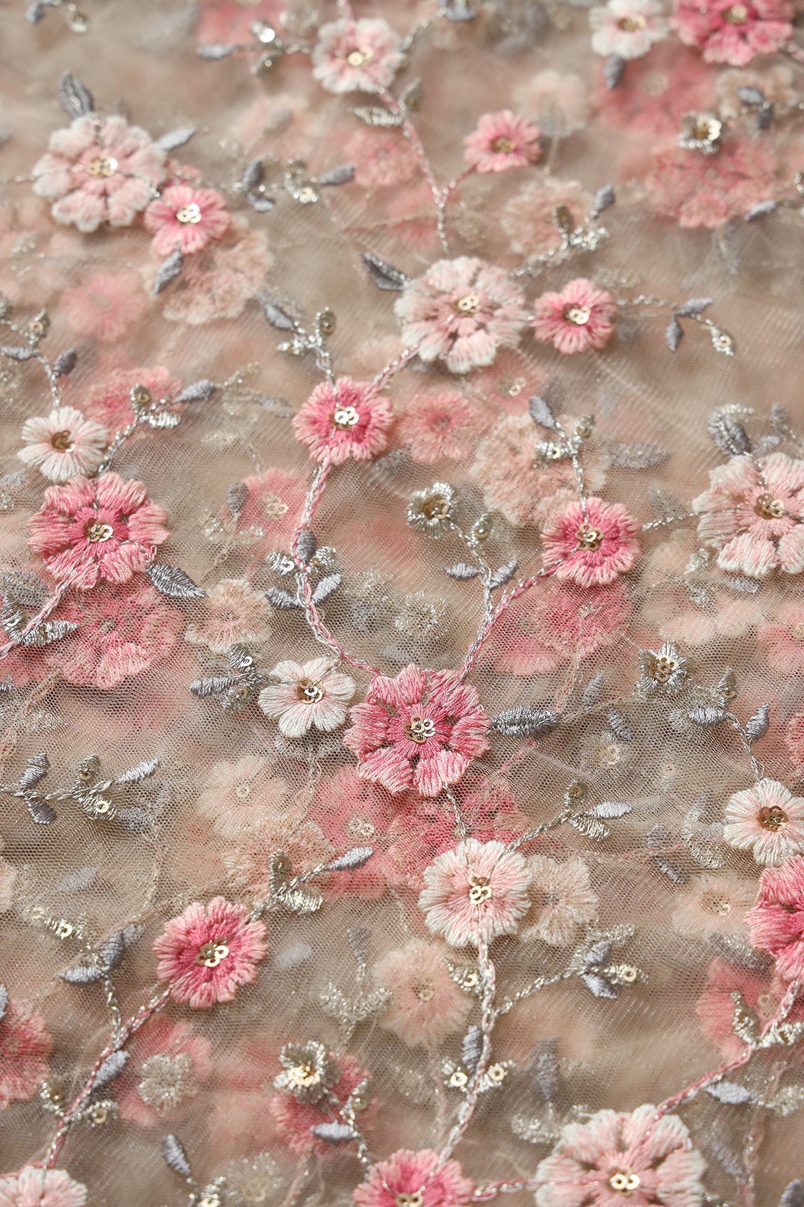 Pink And Cream Thread With Gold Sequins Floral Embroidery On Beige Soft Net Fabric - doeraa