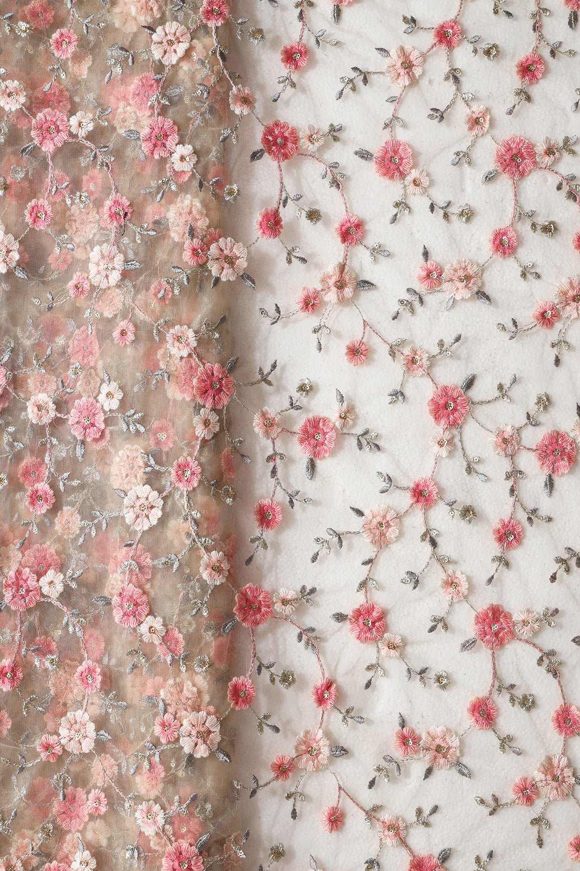 Pink And Cream Thread With Gold Sequins Floral Embroidery On Beige Soft Net Fabric - doeraa