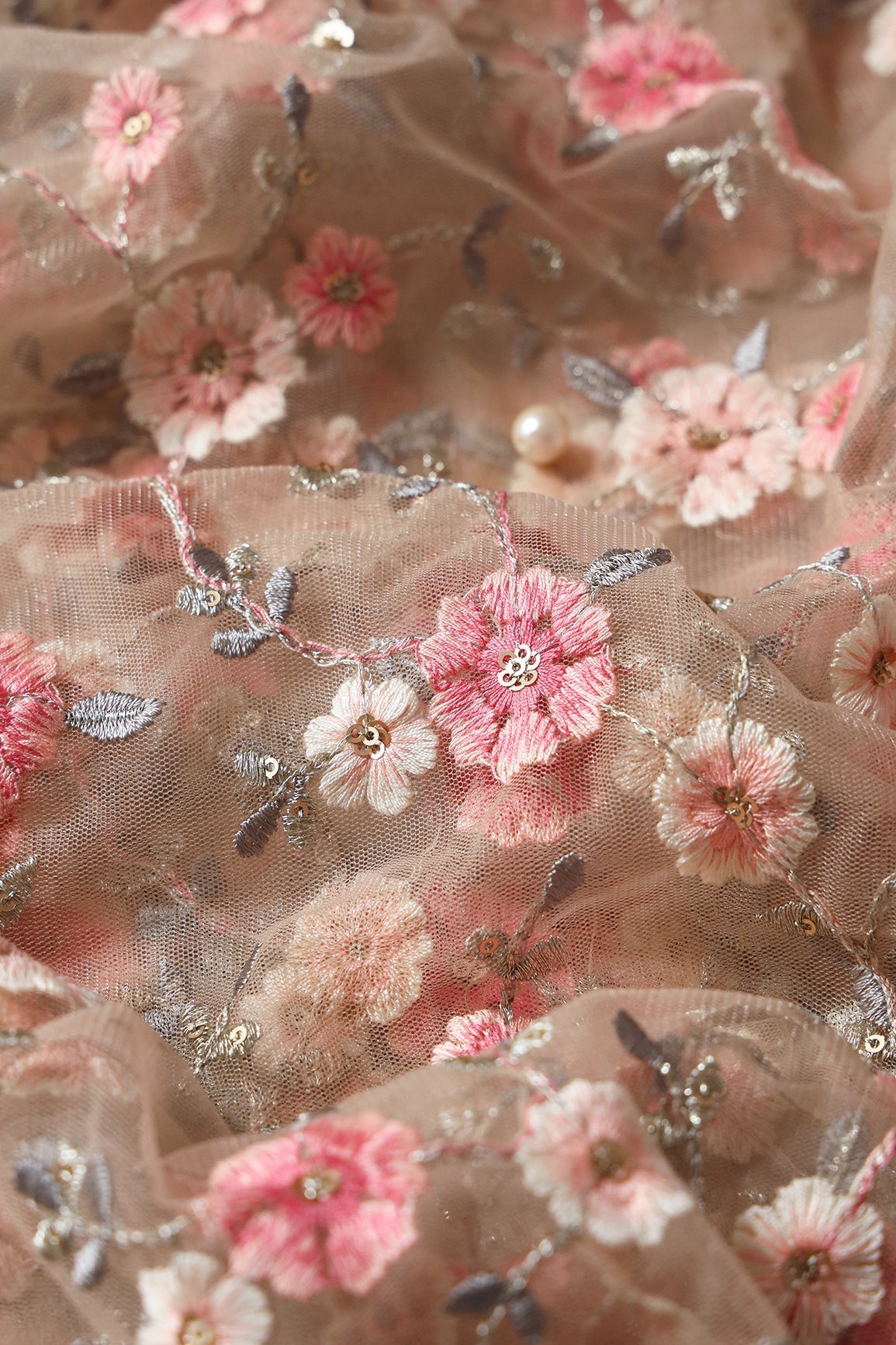Pink And Cream Thread With Gold Sequins Floral Embroidery On Beige Soft Net Fabric - doeraa