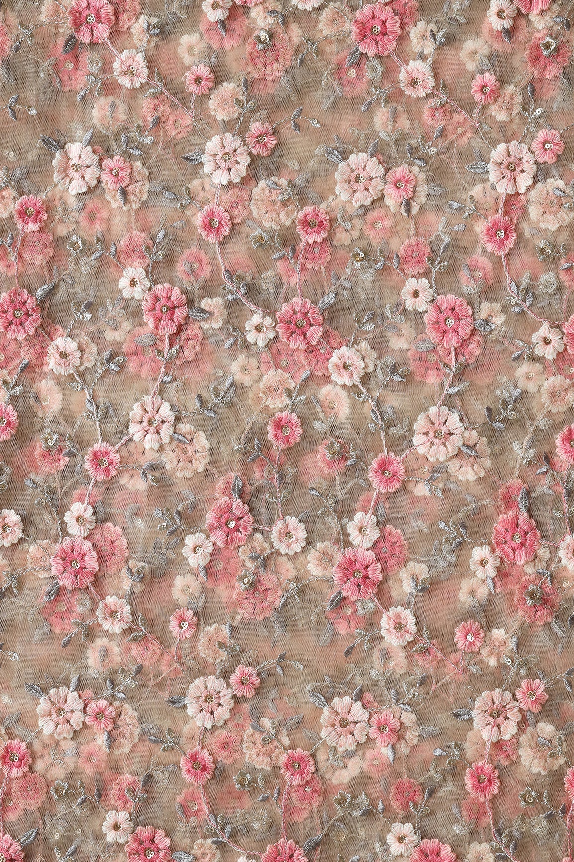 Pink And Cream Thread With Gold Sequins Floral Embroidery On Beige Soft Net Fabric - doeraa