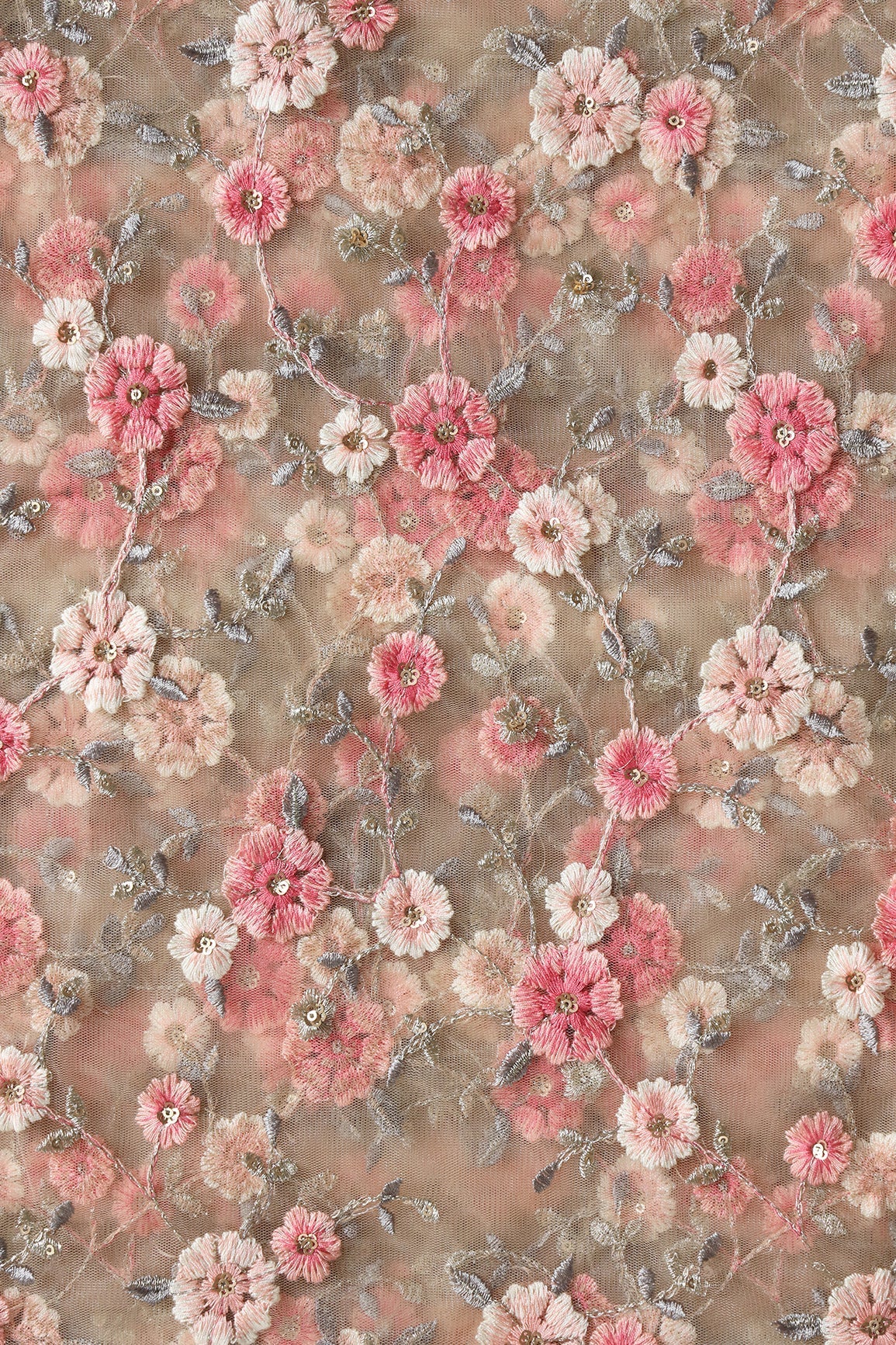 Pink And Cream Thread With Gold Sequins Floral Embroidery On Beige Soft Net Fabric - doeraa