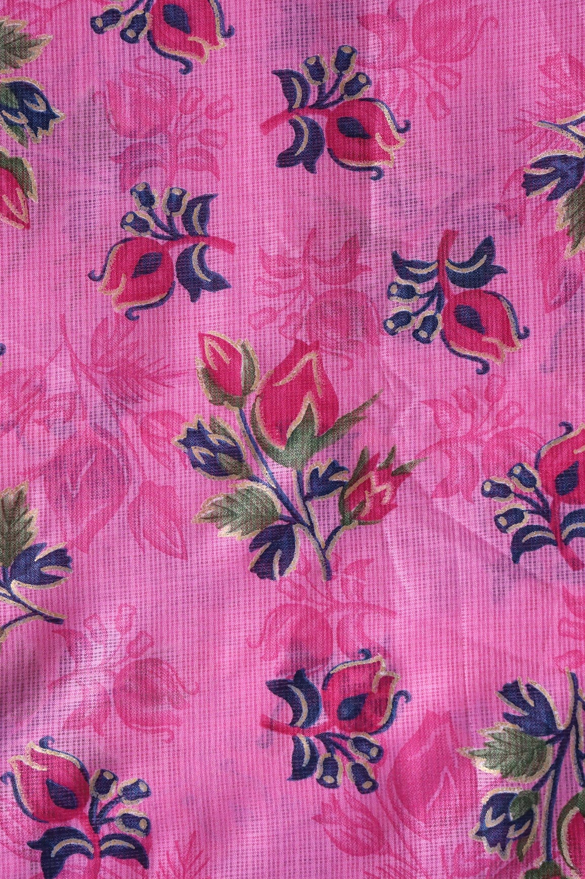 Pink And Green Floral Pattern Foil Print On Dark Pink Kota Doria Fabric - doeraa