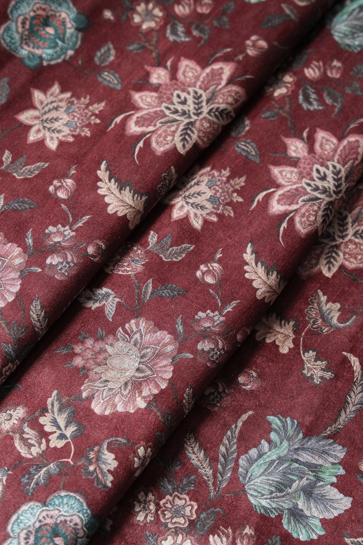 Pink And Grey Floral Pattern Digital Print On Maroon Mulberry Silk Fabric - doeraa