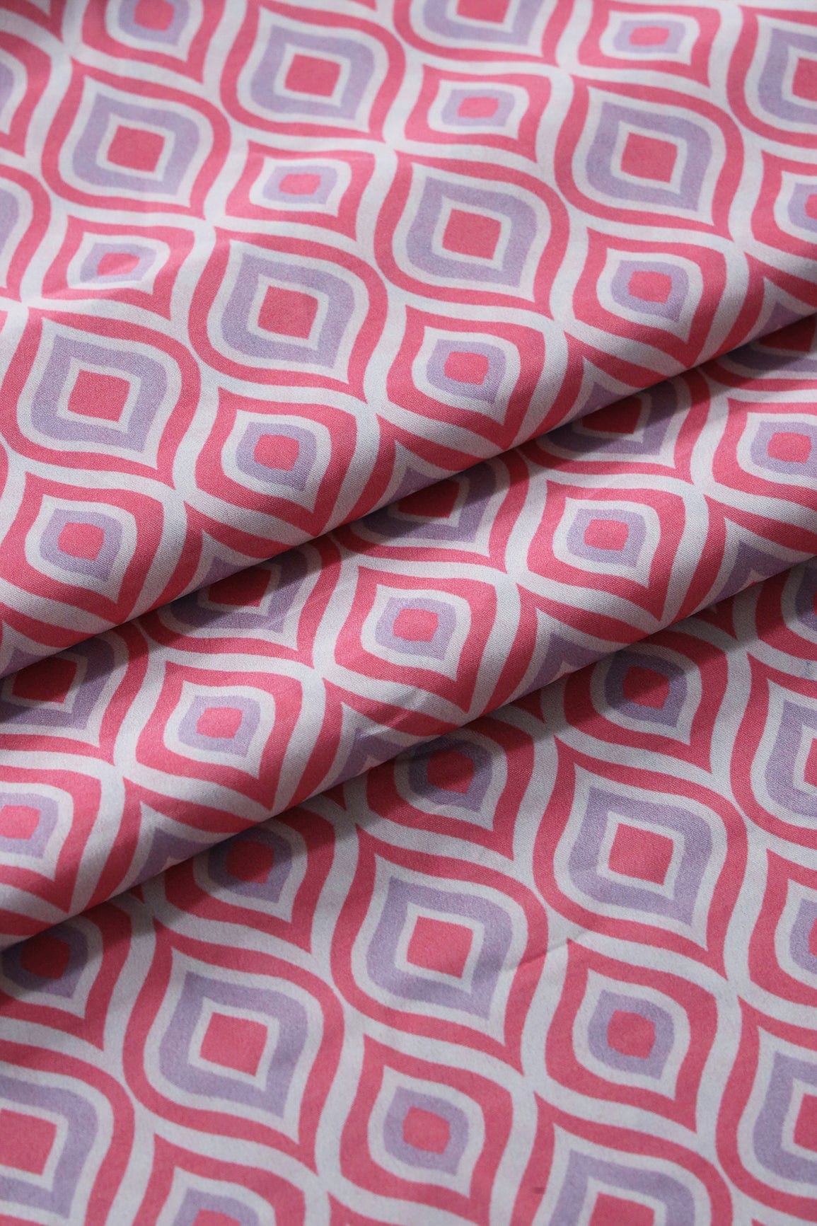 Pink And Light Purple Ogge Pattern Digital Print On Off White French Crepe Fabric - doeraa